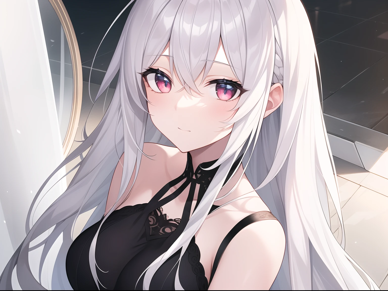 ((Masterpiece, Best quality))++, Detailed light+, Detail hair+, detail hand+ ,1girll, woman, Long hair, Crimson eyes, Beautiful eyes, Young gray hair,,(Beautiful white hair:1.5),(Beautiful detailed eyes), high resolution+, blacksilk , a black skirt, Glass tones, Reflective eyes, {{Angle}} , extremelydetailedwallpaper, Original, ,