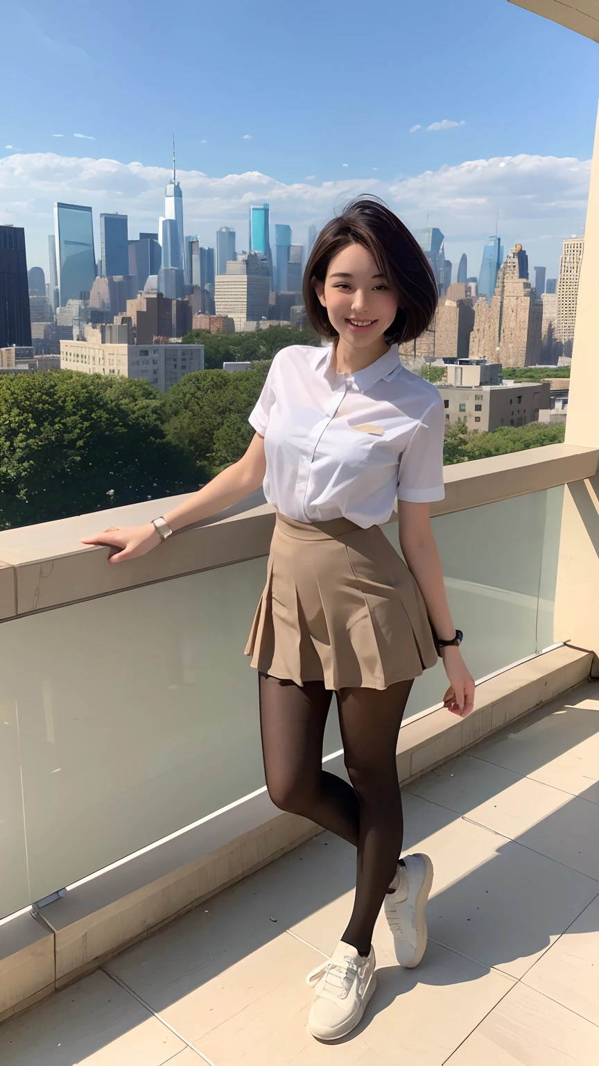 Show entire body, feet in view, 16y.o., gorgeous Caucasian female, short brunette hair, perfect body, 8k resolution, American school uniform, brown sheer pantyhose, sneakers, aerial view, standing, smiling, outside, luxurious apartment, nyc, afternoon,