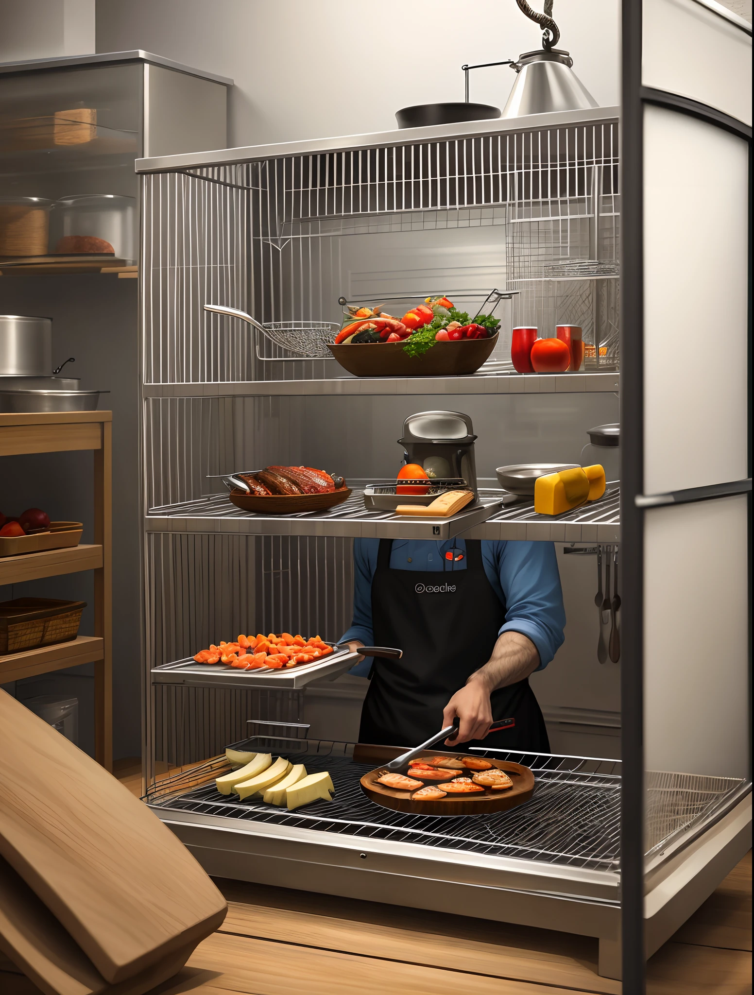 A man in a cage，Tools for cooking in hand