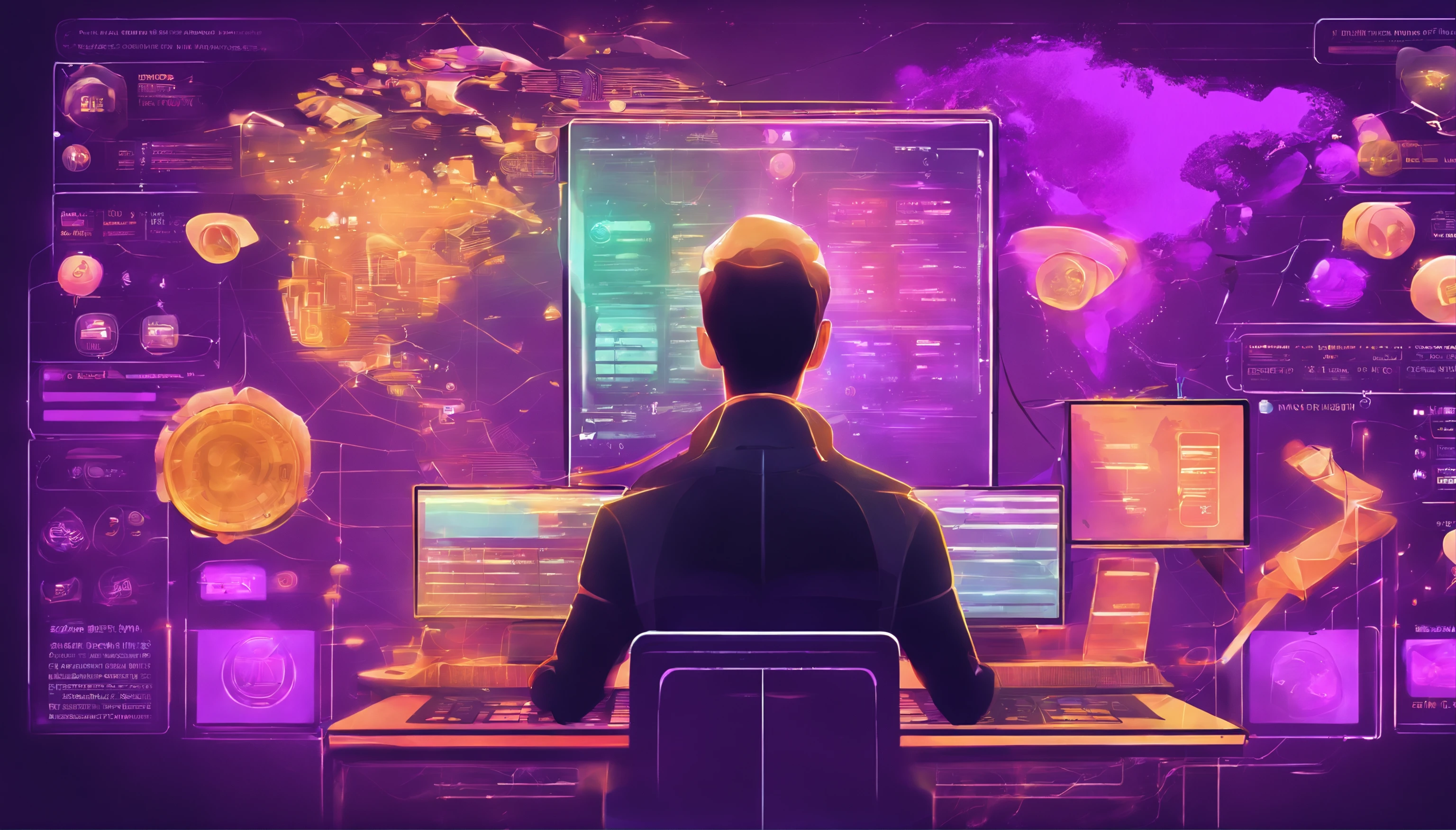 manager handelling dashboard with various knobs and buttons, surrounded by violet bloom, gradient fill , vector, icons of money , people. mesh network in the brackground. Dramatic lighting , wide field of view. dark mode, glow of icons, rim lighting with bloom