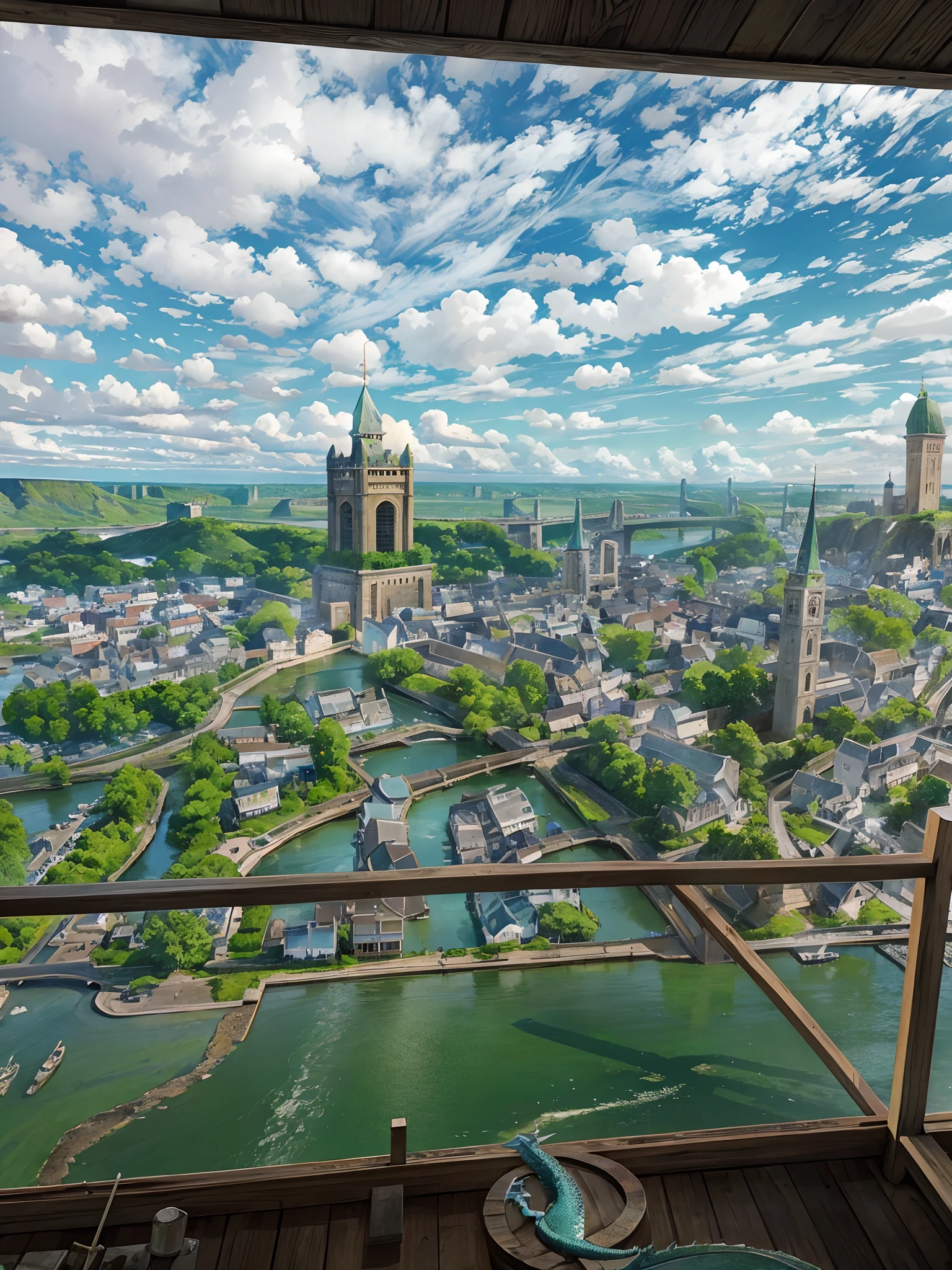 river, ancient town, ancient tower, green, blue sky, cloud, building, (flying dragon:1.3), thunderstorm, (fantasy world:1.3),