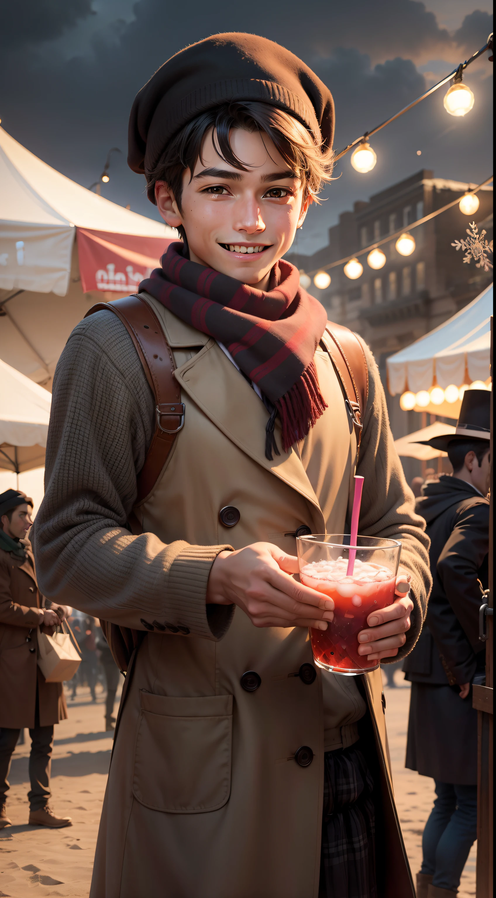 Young male vendor,The action is to sell drinks to guests,The expression is smiling,The background is a circus,The weather is winter