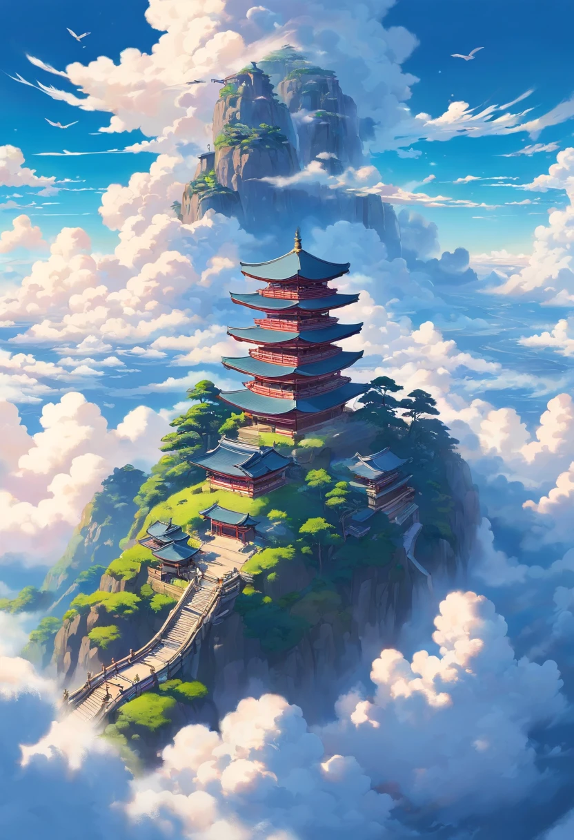 An illustration of the world of gods living in a sea of clouds. (background, ・A fantastic world surrounded by a sea of clouds is spreading. ・The clouds have a soft, fluffy texture and are colorful and shiny. ・Palaces and shrines where gods live are depicted above the sea of clouds. ・Palaces and shrines appear to float on a sea of clouds. ・A palace in the sky floating above a sea of clouds. ・The torii gate of the shrine stands above a sea of clouds. ), (person, ・Various gods are depicted flying freely in the sea of clouds. -Each of the gods has a unique appearance. ・The gods are happily spending time above the sea of clouds. ),