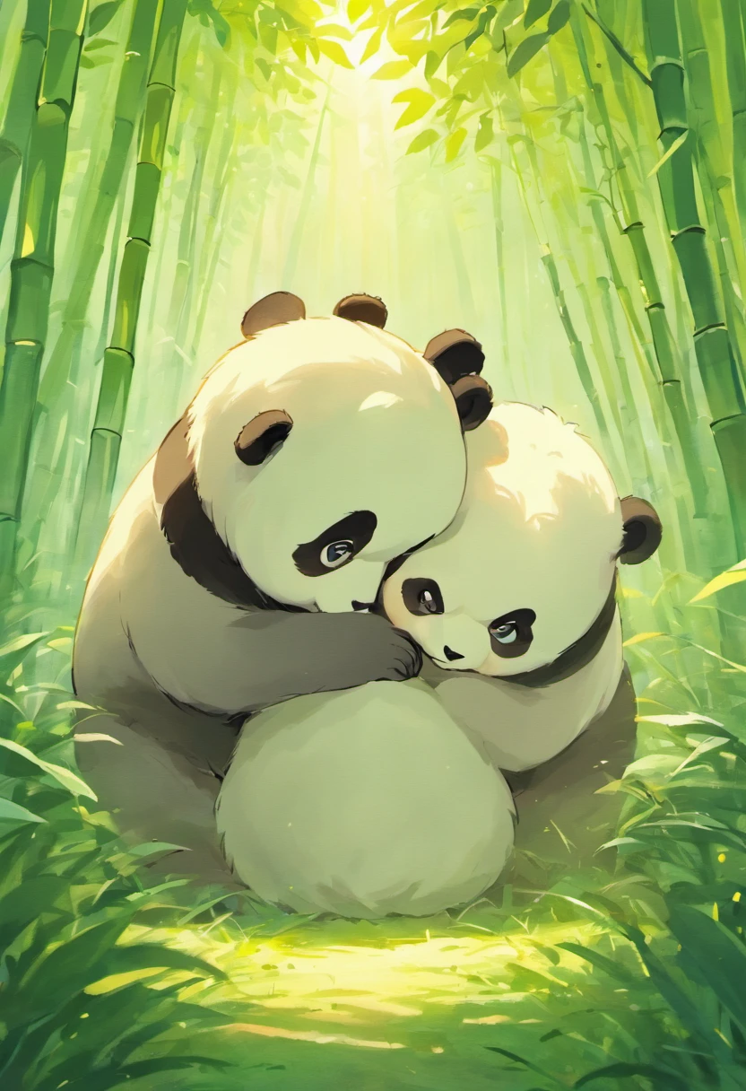 one adorable fluffy panda cubs playfully tumble together in a sunny bamboo forest glade, warm lighting filtering through the leaves. Detailed fur texturing, peaceful nature mood, gentle lighting. Traditional watercolor style.  --ar 4:5 --s 400 --niji 5