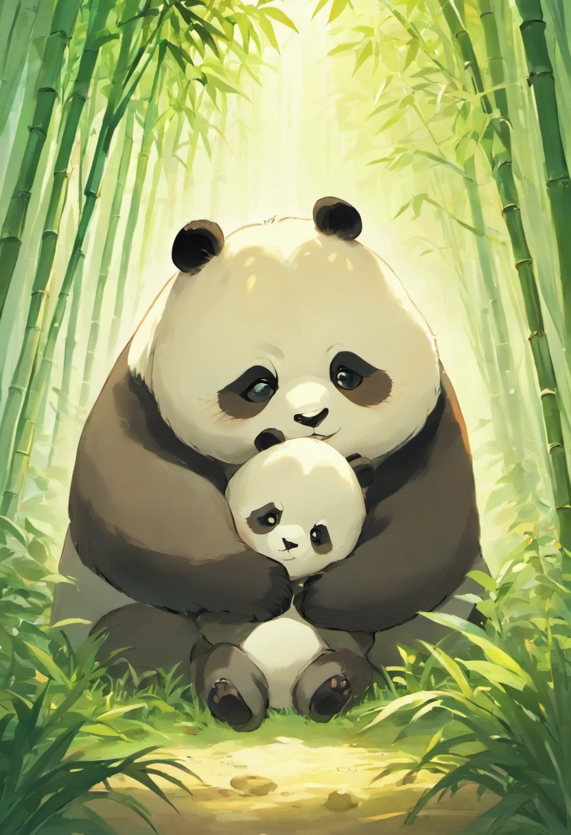 one adorable fluffy panda cubs playfully tumble together in a sunny bamboo forest glade, warm lighting filtering through the leaves. Detailed fur texturing, peaceful nature mood, gentle lighting. Traditional watercolor style. --ar 4:5 --s 400 --niji 5