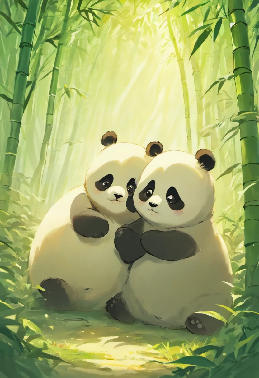 one adorable fluffy panda cubs playfully tumble together in a sunny bamboo forest glade, warm lighting filtering through the leaves. Detailed fur texturing, peaceful nature mood, gentle lighting. Traditional watercolor style. --ar 4:5 --s 400 --niji 5