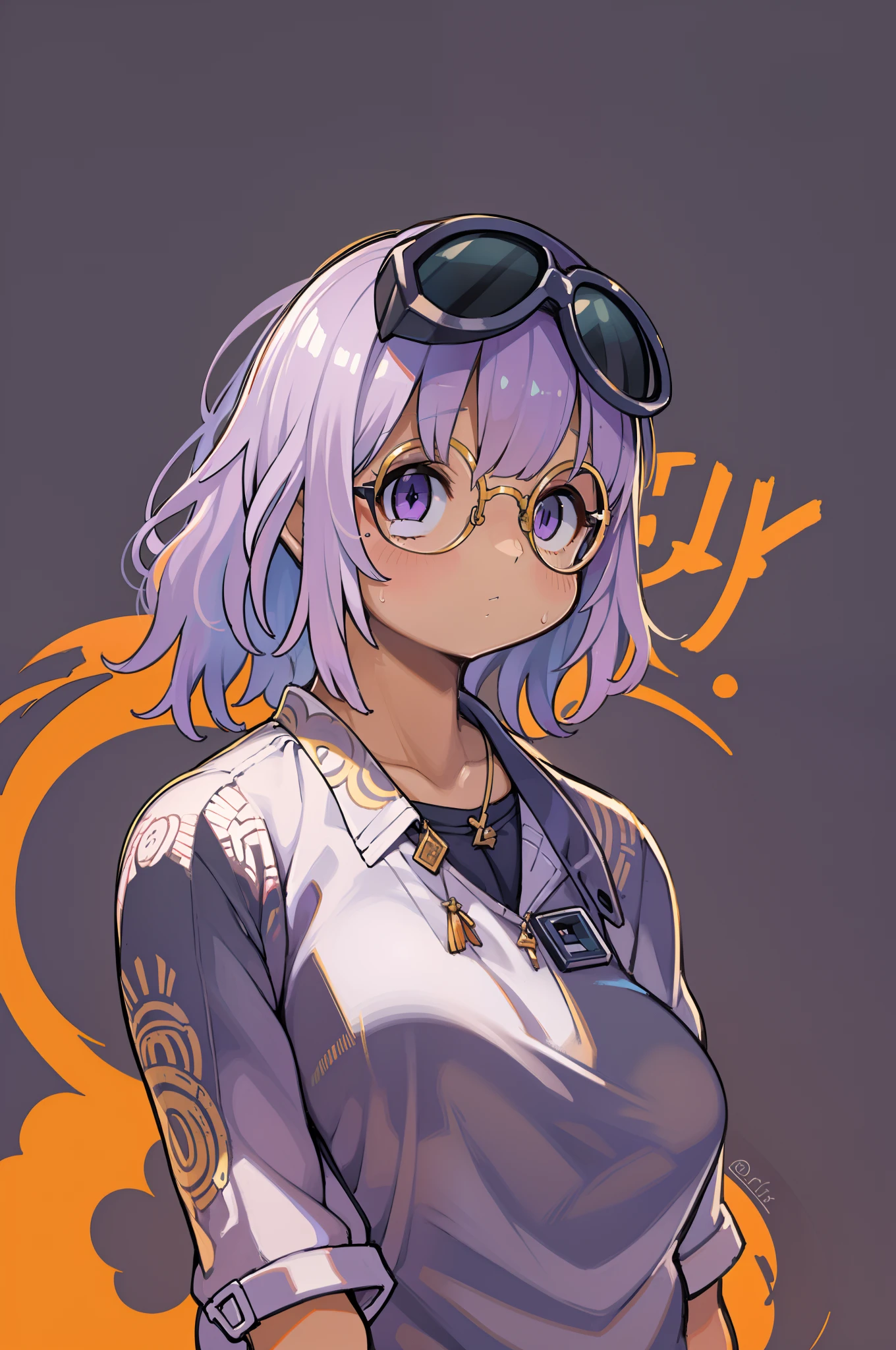 Raiden Shougn, Purple hair, Purple eyes, Girl in trendy orange sunglasses , orange background, Portrait