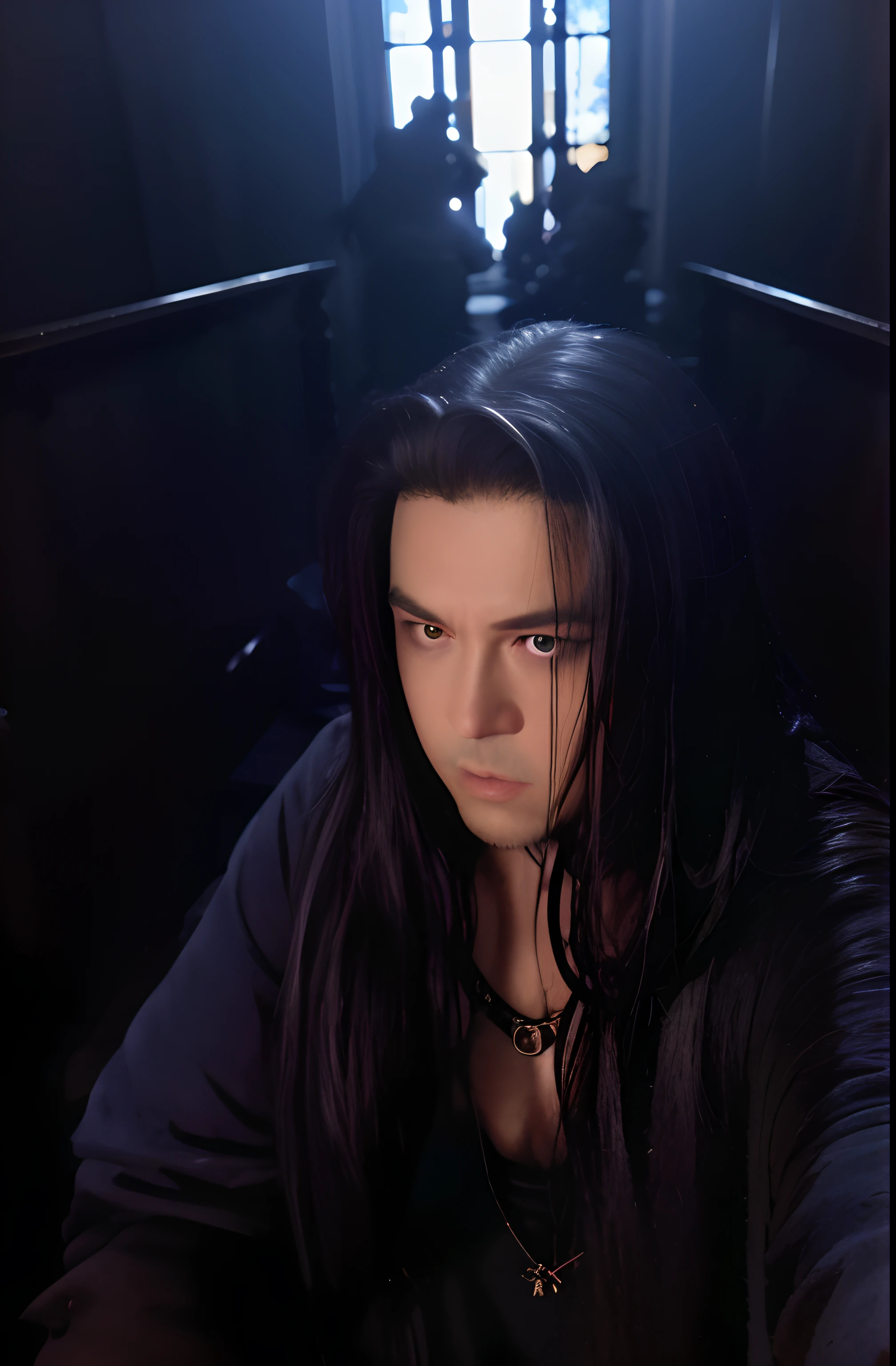 The Arad woman with long black hair sat in a dark room, with his long black hair, with long hair and piercing eyes, Wuxia, Inspired by Seki Dosheng, fantasy movie still, inspired by Luo Mu, Inspired by Ding Guanpeng, with long dark hair, Inspired by Zhang Han, dramatic portraiture of uuen, jin shan