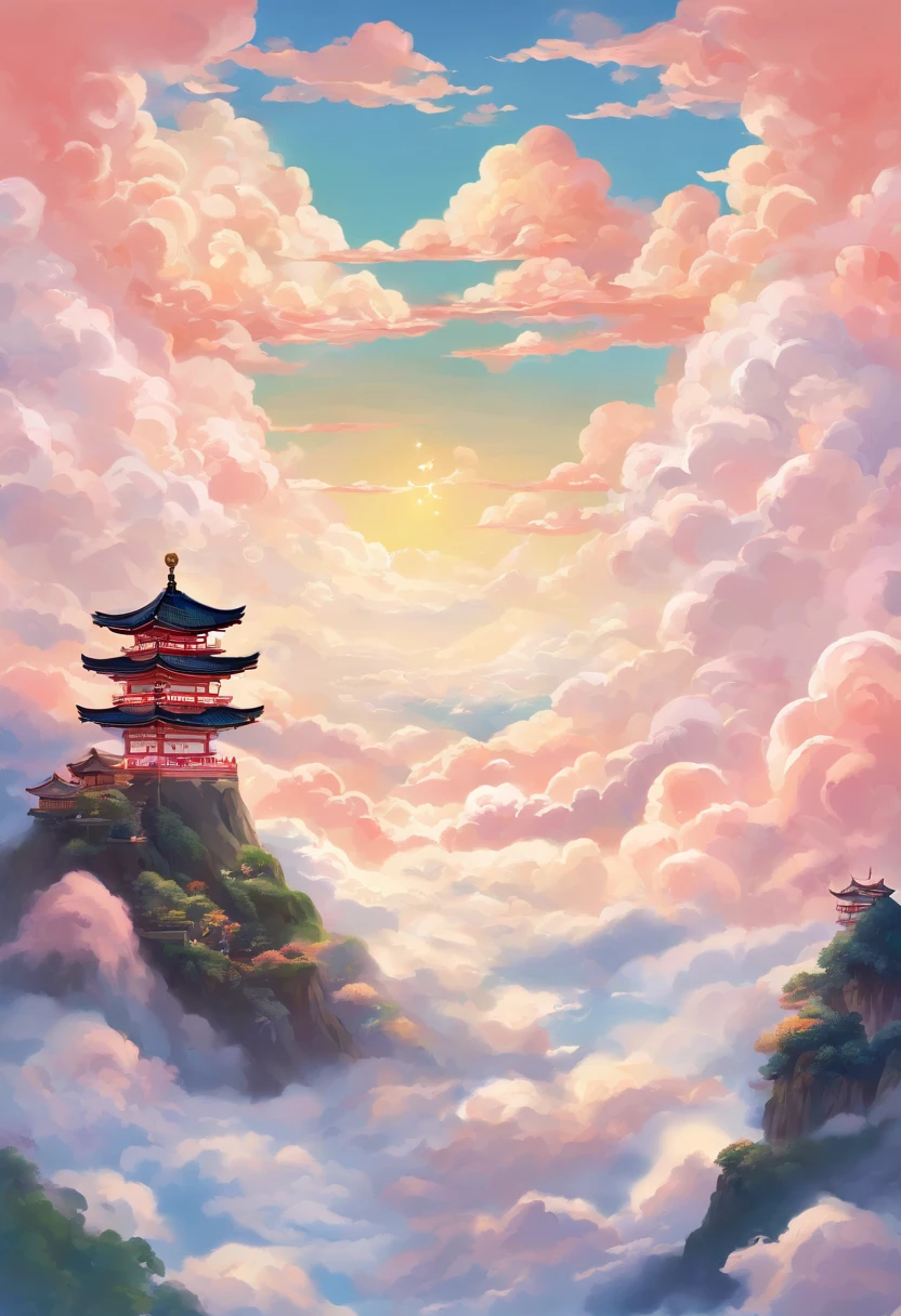 An illustration of the world of gods living in a sea of clouds. (background, ・A fantastic world surrounded by a sea of clouds is spreading. ・The clouds have a soft, fluffy texture and are colorful and shiny. ・Palaces and shrines where gods live are depicted above the sea of clouds. ・Palaces and shrines appear to float on a sea of clouds. ・A palace in the sky floating above a sea of clouds. ・The torii gate of the shrine stands above a sea of clouds. ), (person, ・Various gods are depicted flying freely in the sea of clouds. -Each of the gods has a unique appearance. ・The gods are happily spending time above the sea of clouds. ),