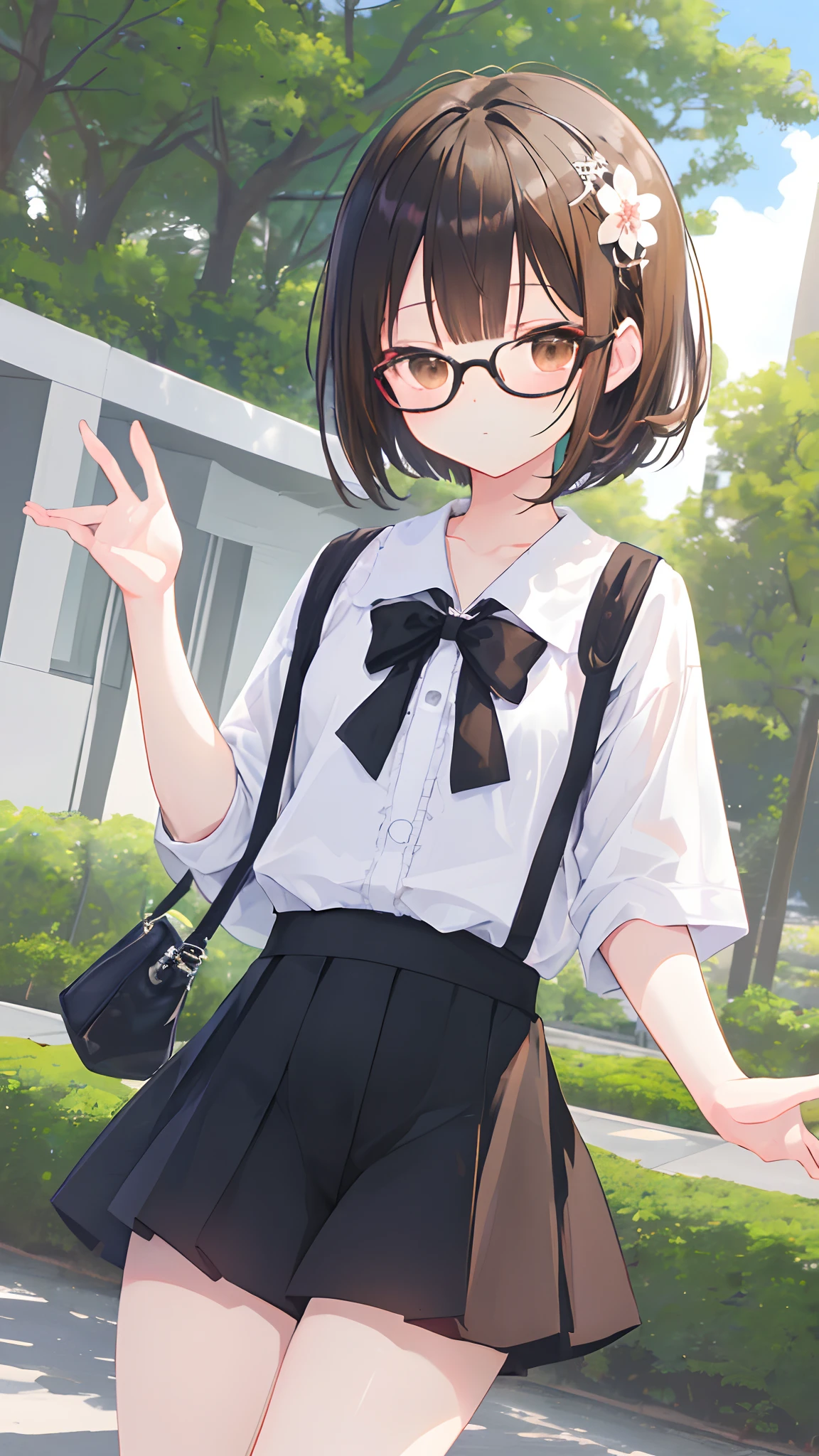 (masutepiece, Best Quality, Capture super cute moments, depth of fields, ultra-detailliert, Ultra High Resolution, C4D, Octadale, 3D Modeling, 8K, 16 K, one girls、a junior high school student、A dark-haired、short-hair、straight haired、Light brown eyes,hair adornments、wearing black glasses、Cute face)、White shirt with lace、Short pants