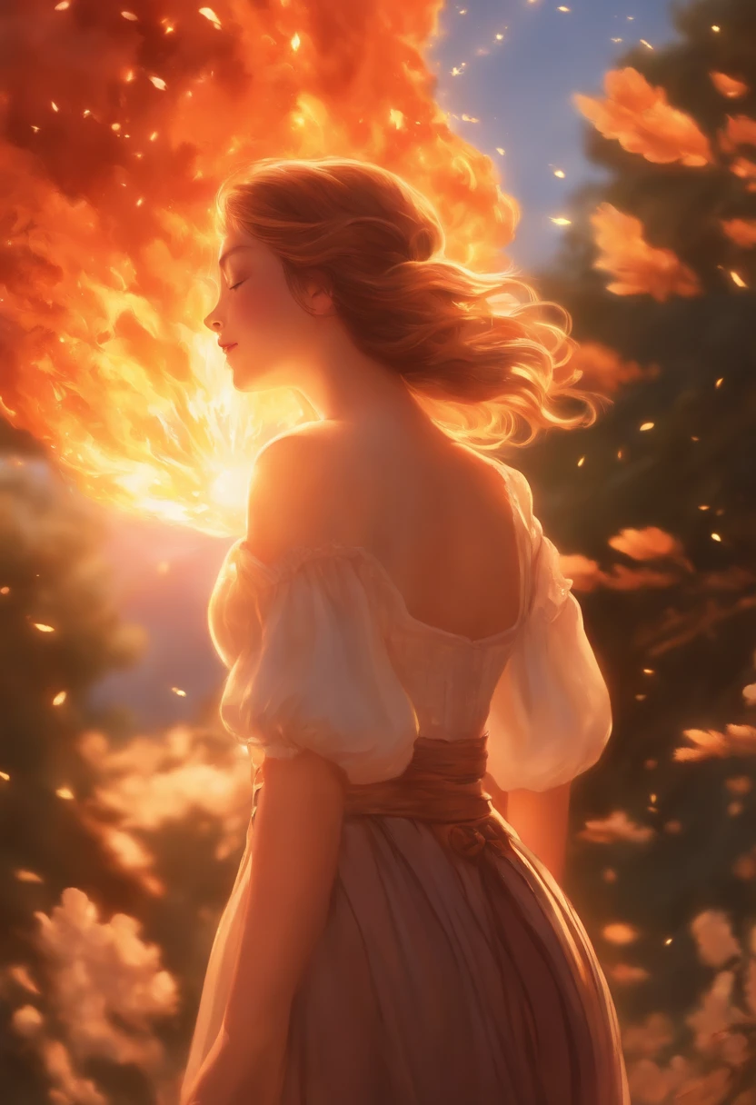 Masterpiece, Best quality, cinematic Film still from, Flames that ignite, Floating in the sky, Close-up, Bright, cheerfulness, Warm and soft lighting, Ghibli style, anime big breast, Illustration book, Sunset, (spark of light:0.7)