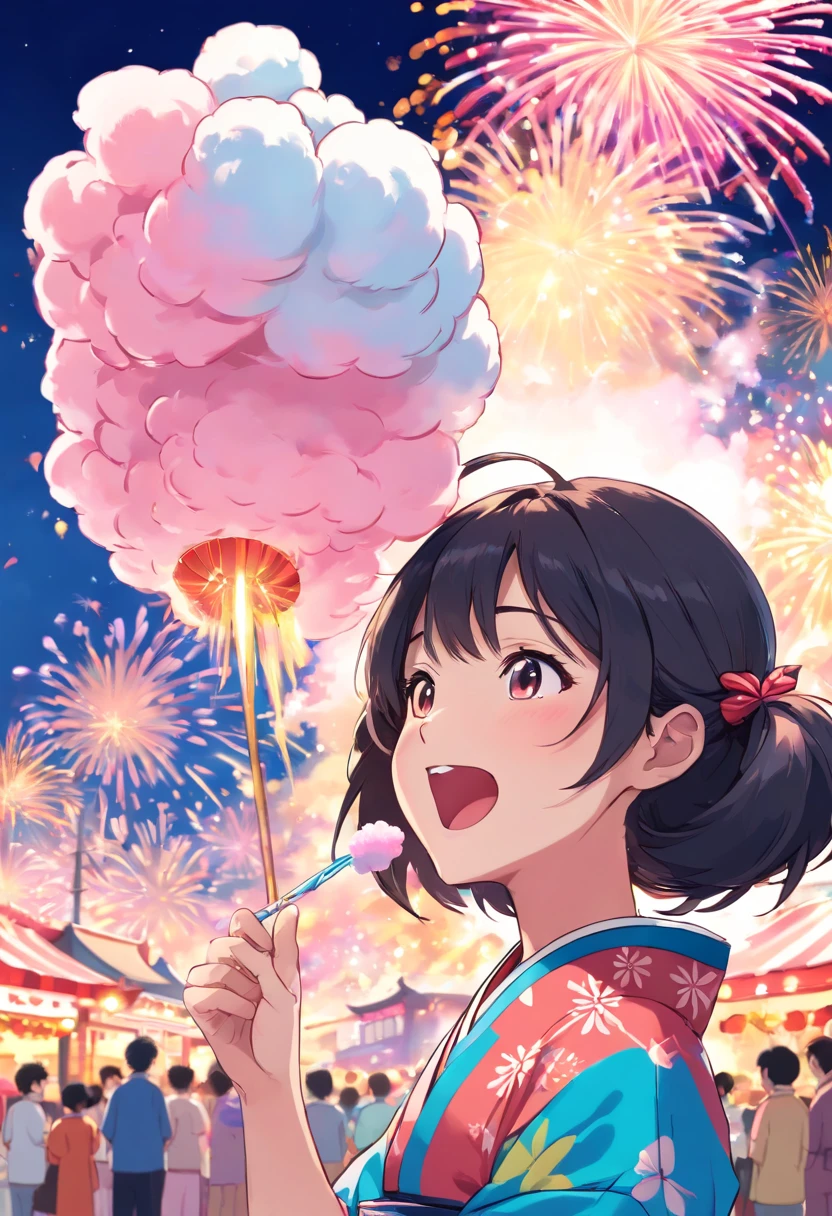 An illustration of a woman wearing a yukata eating a her face size over cotton candy under fireworks at a summer festival venue. (background, ・Colorful fireworks are lighting up the night sky at the summer festival venue. ・Fireworks rise high into the sky and decorate the night sky. ・Scenes from a summer festival are drawn around the woman. - Food stalls and stalls are lined up, and people seem to be having fun. ), (person, ・A woman wearing a yukata is standing under fireworks. -The woman is in her late 20s to early 30s, with her long black hair tied in a ponytail. -The woman is wearing a brightly colored yukata with a vivid pattern on her yukata. -A woman has a huge piece of cotton candy in her hand. ), (4fingers and thumb:1.3), (cotton candy, ・((The woman is holding her face size over cotton candy:1.3), (massive size cotton candy:1.5)). ・Cotton candy is pure white and fluffy, and has a sweet smell when you put it in your mouth. ), open mouth:1.25, (Facial expression, ・The woman is eating cotton candy with relish. ・There is a satisfied smile on the woman's face. ),