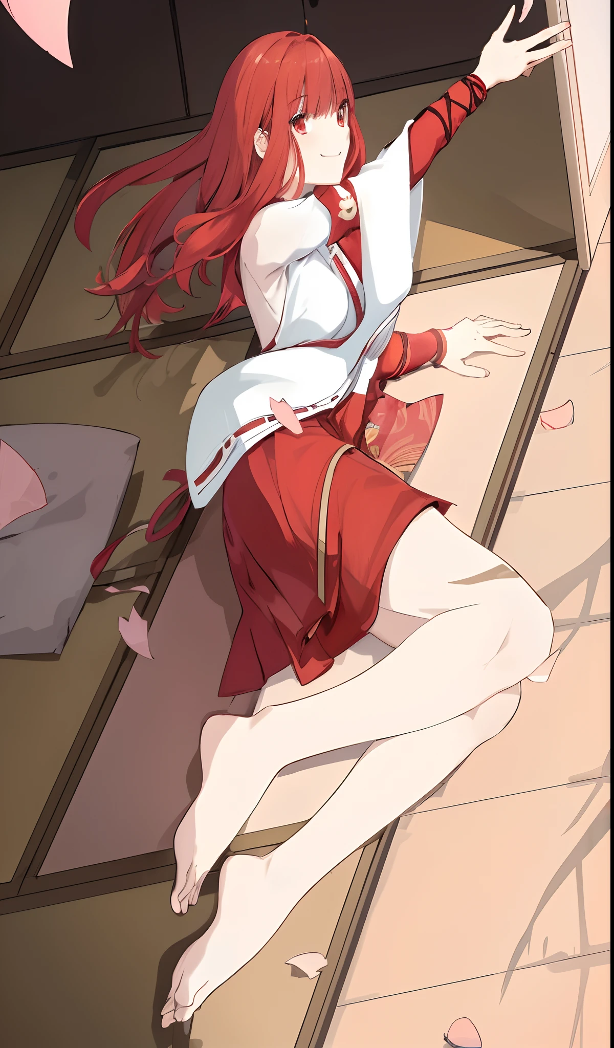 ((Masterpiece,Best quality)),1girll, Long hair, Red hair, Solo, dress, Red eyes, view the viewer, Long sleeves, standing, Building, White dress,  hair adornments, Black jacket, Smile, Floating hair, Dutch angle, Closed mouth, looks away, Indoors , Japanese