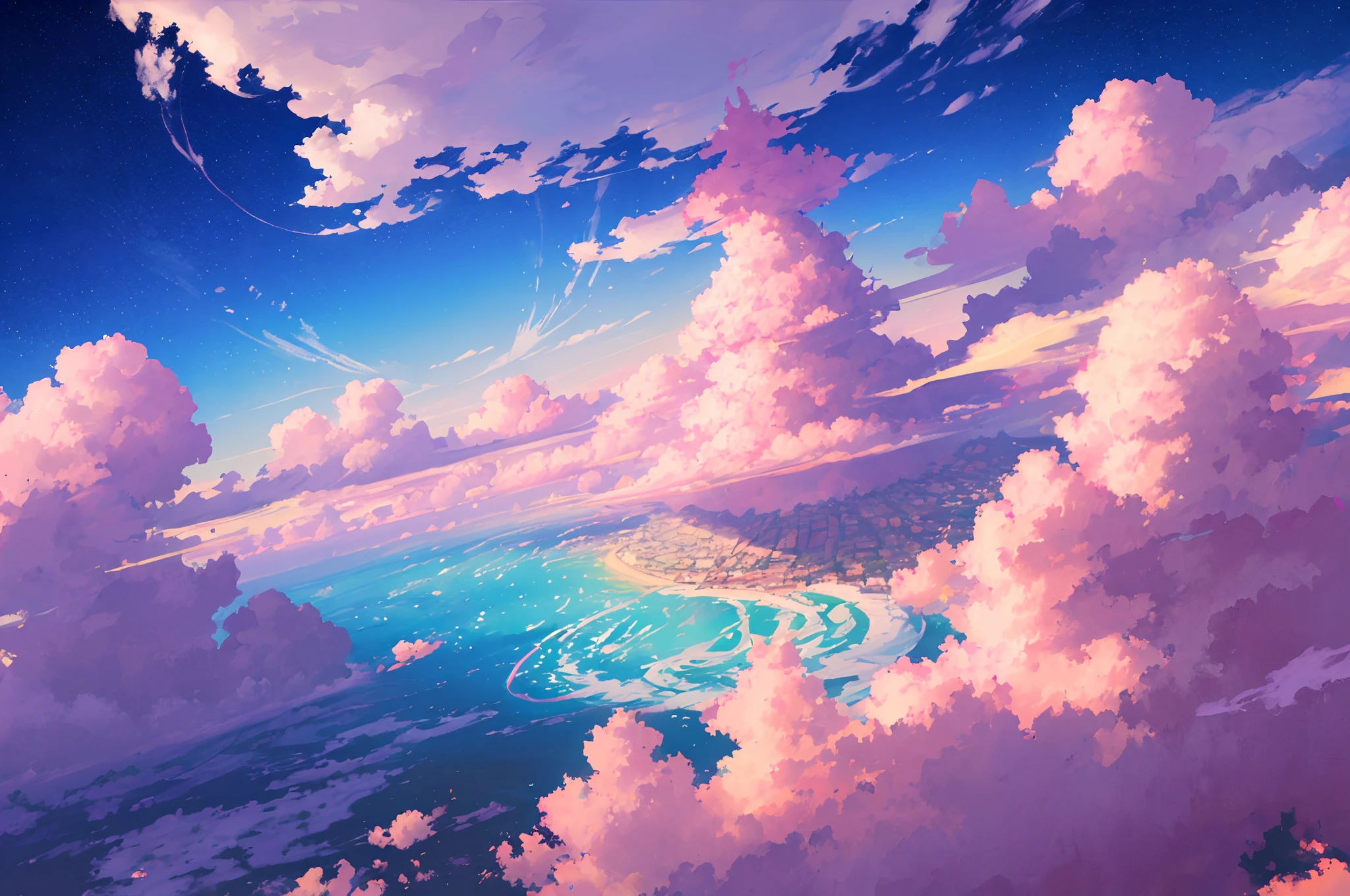 Fantastic, Magic World, A world made of pink clouds, (Colorful flowing clouds:1.4), Flying pink orca, Iridescent sky, Scenic center,