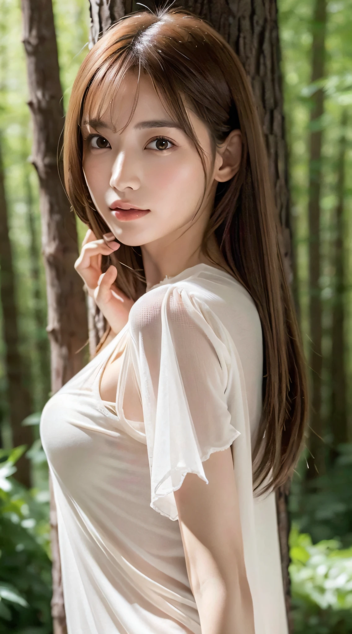 1womanl, up of face, mideum breasts, light brown hair, Blunt bangs, hair behind ear, hair over shoulder, Long hair, slender body shape, Ultra Fine Face, Thin face, Delicate lips, Beautiful eyes, thin blush, eyes are light brown, perfect glossy skin, flawless skin, Glistening sweat,View here, Ultra-thin hands, Ultra-fine fingers, best ratio four finger and one thumb, (realisitic:1.3), Finger Extensions, See-through white blouse. coniferous forest, One-person viewpoint, Fuji Film, F/1.2, 8K, masutepiece, nffsw, Super Detail, High quality, Best Quality, hight resolution,abdominals,six packs,