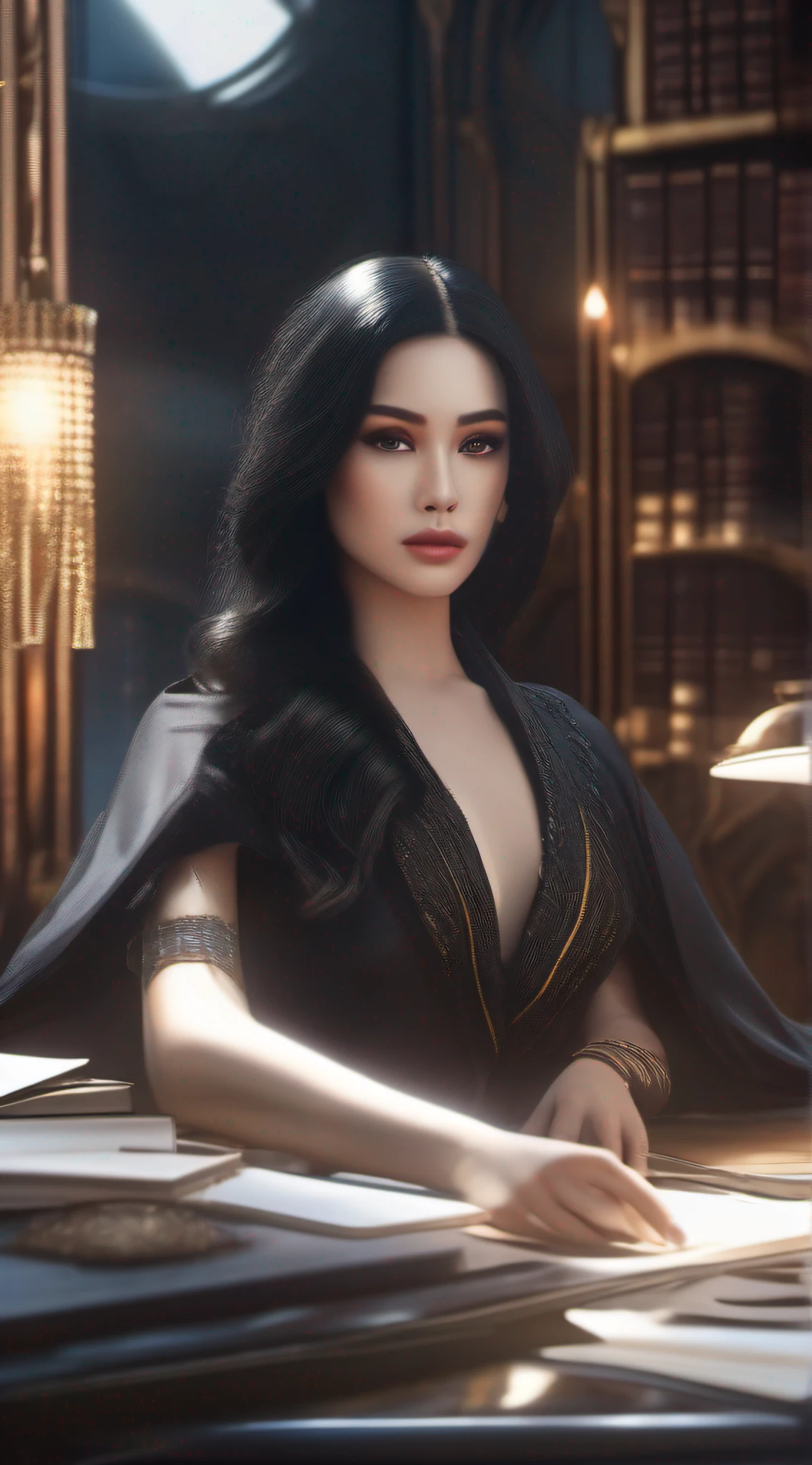 A handsome woman, She has long black shawl hair, Wear a decent suit, Sit in a gorgeous office, Surrealism, high detail, cinematic lighting, panorama, UHD