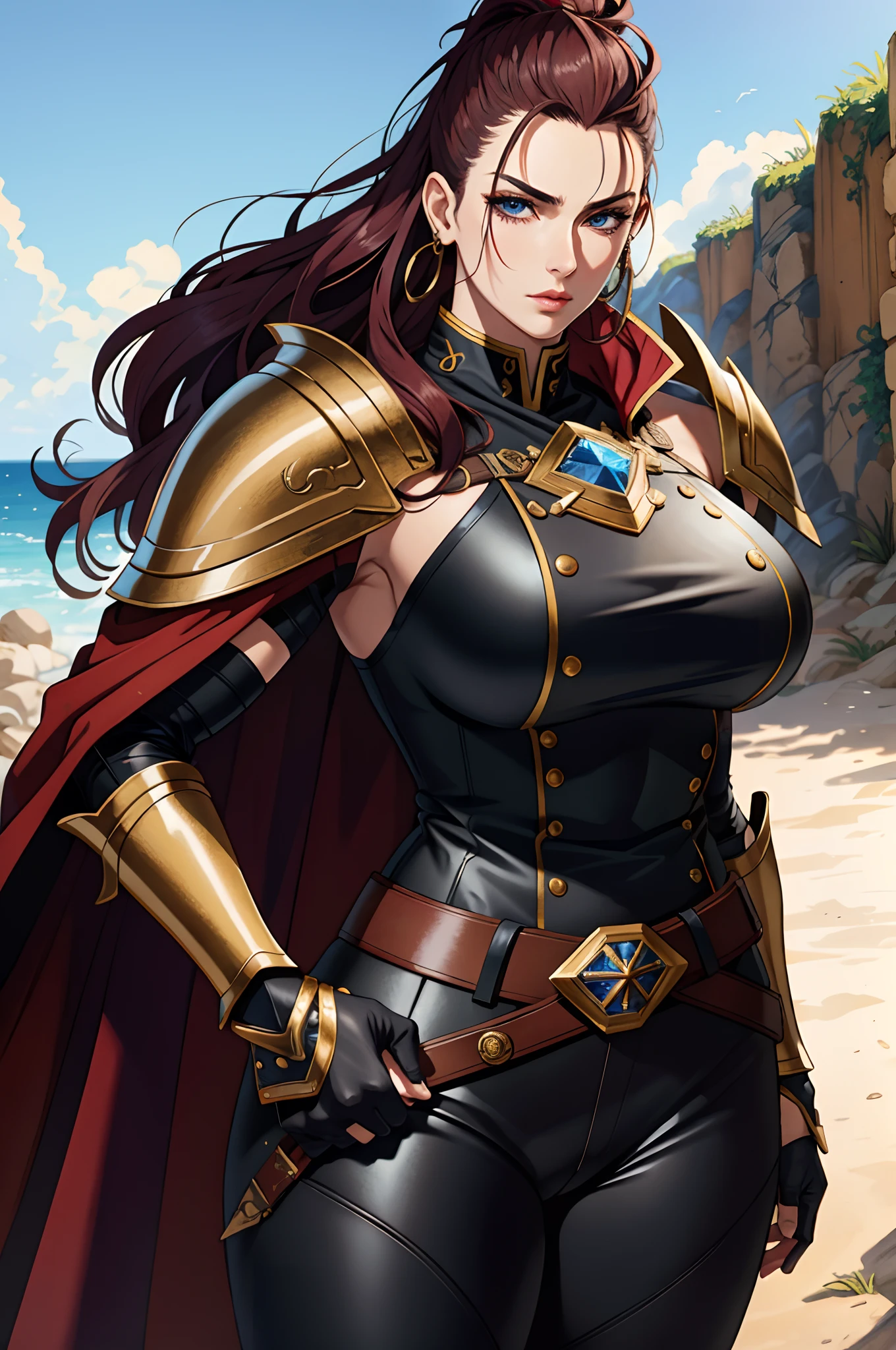 (masterpiece:1.2), (best quality:1.2), perfect eyes, perfect face, volumetric lighting, 1girl, tall mature female warrior, muscular, long hair, pompadour cut, heavy armor, huge pauldrons, gauntlets, cloak, belt, spear, leather pants, stern expression, makeup, lipstick, eyeshadow, mascara, thick eyelashes, dark fantasy, outdoor, detailed background, hand on hip