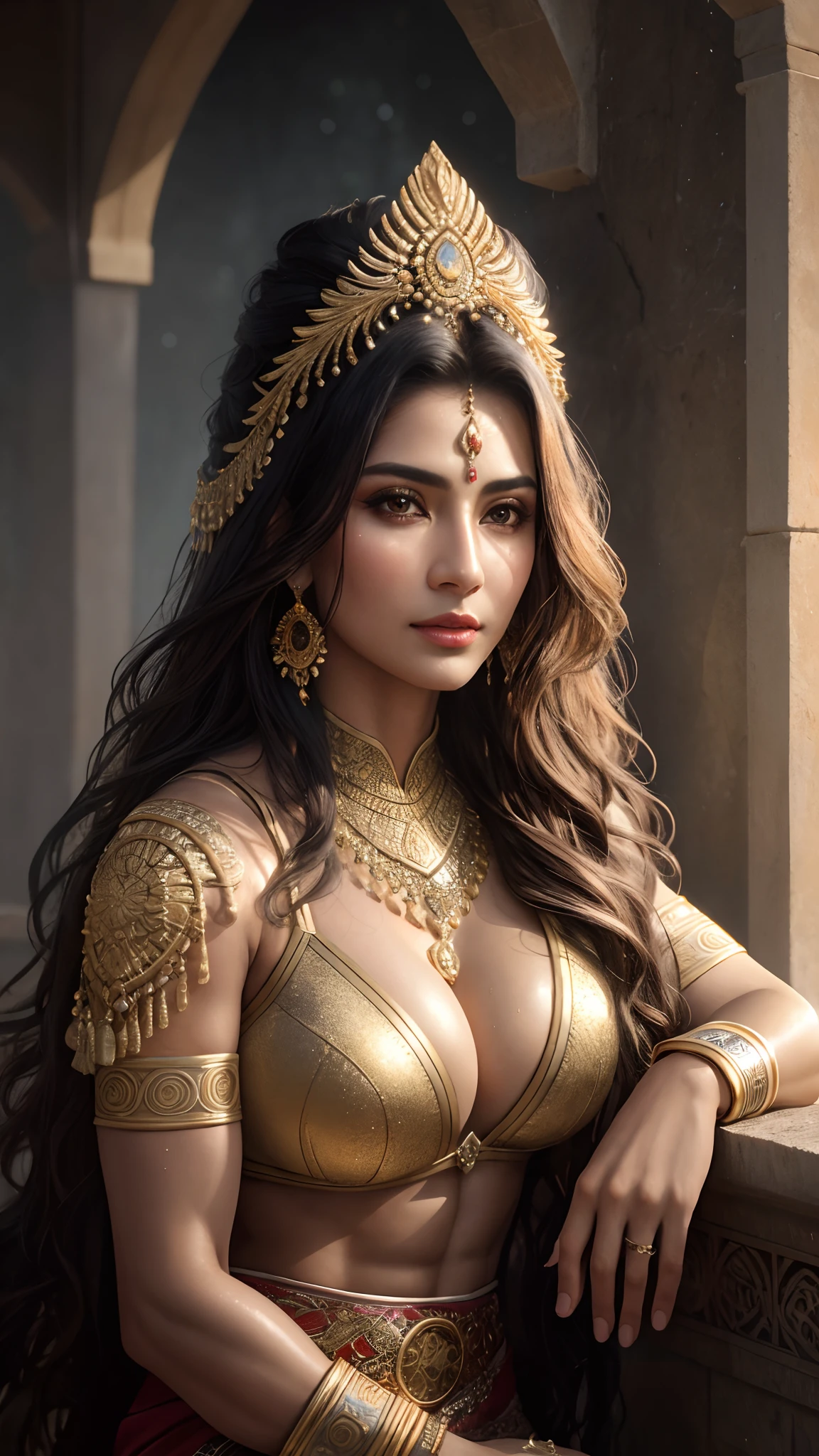 best quality, masterpiece, highres, photo realistic, ultra realistic, sun tyndall effect,photorealistic, dark studio, rim lighting, tone lighting,(high detailed skin:), 8k uhd, dslr, soft lighting, high quality, volumetric lighting, candid, photograph, high resolution, 4k, 8k, bokeh, ultra realistic 8k cg, (epic:, perfect artwork, masterpiece, ancient dynasty, medieval, fantasy), (((detailed background))), pakistani woman,60year old queen muscular fresh model , shredded,(A stunning God-like beauty), (striking facial features, detailed hair) dynamic angle, amazing stunningly beautiful, sitting, wavy shiny hair, golden wet skin shining, full body portrait, glamour, perfect soft curves, perfect body, perfect boobs, full wet lips, perfect extremely detailed abs, ultra realistic, sun
