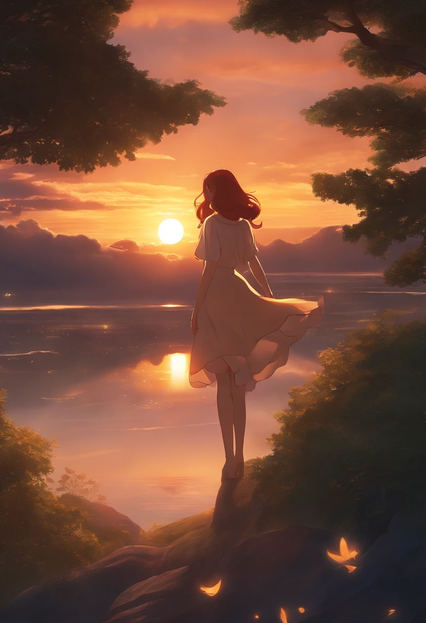 Masterpiece, Best quality, cinematic Film still from, starfire, No Man, Floating in the sky, Close-up, Bright, cheerfulness, Warm and soft lighting, Ghibli style, anime big breast, Illustration book, Sunset, (spark of light:0.7)