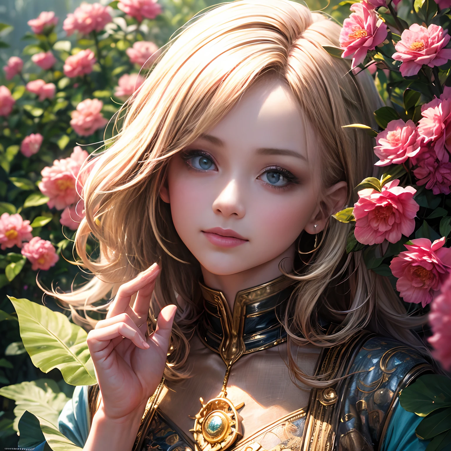 (best quality,4k,8k,highres,masterpiece:1.2),ultra-detailed,(realistic,photorealistic,photo-realistic:1.37),A girl with beautiful, distinguished features, including mesmerizing eyes with long eyelashes, luscious lips, and a graceful face, appearing smaller than usual and held gently in the palm of a kind hand. The hand, illuminated by soft, natural light, has a strong, steady grip, showcasing the contrast in scale. The girl depicts a feeling of awe and curiosity, with her wide-eyed expression and a slight smile. She is dressed in a charming outfit that complements her surroundings and enhances the whimsical vibe of the scene. The hand itself shows intricate details, with lifelike skin texture and subtle wrinkles, emphasizing the realism of the image. The overall atmosphere exudes a sense of wonder and gentleness. The colors are vibrant and captivating, creating a surreal and magical ambiance. The background includes elements of nature, such as lush foliage or colorful flowers, adding depth and richness to the composition.