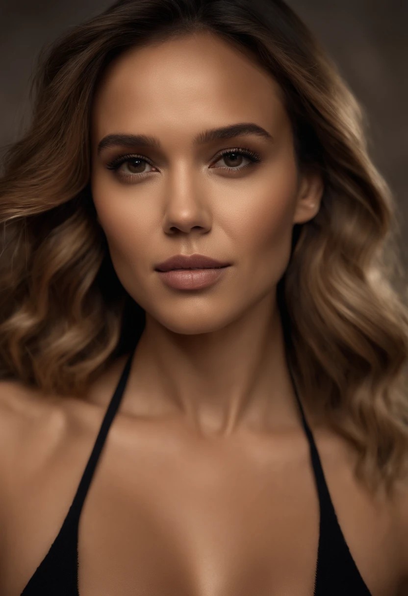 Photo brute, un portrait en gros plan d'une femme avec le regard de Jessica Alba et la bouche de Jennifer Lawrence en LINGERIE noir, cheveux court, pale skinned, The background is a hotel room, (High skin detailed: 1.2), 8K UHD, DSLR, softlighting, highly quality, grain de film, Fujifilm XT3
