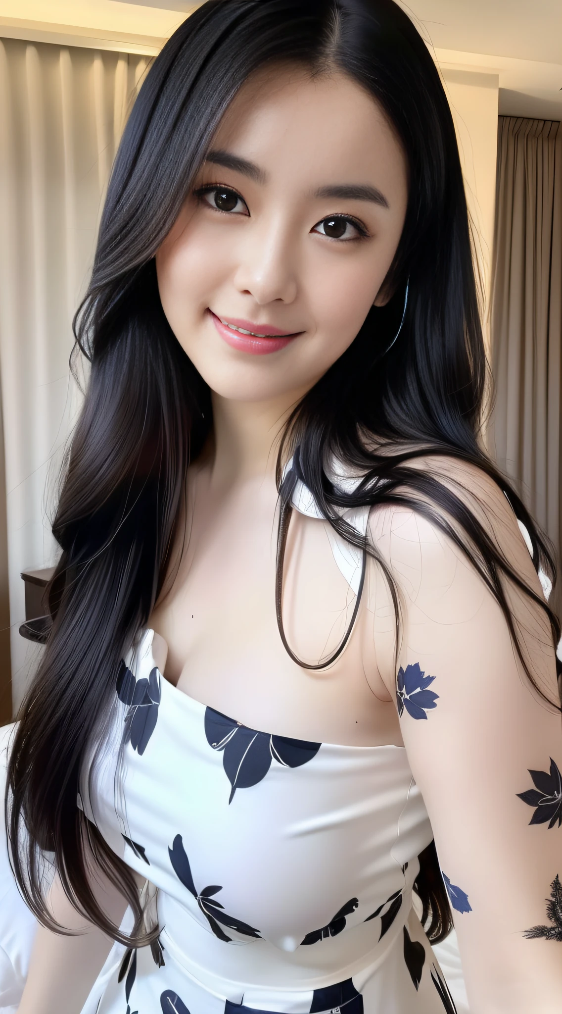 \(8K, RAW photo, Masterpiece:1.2\), \(Realistic, photo-realistic:1.37\), \(ulzang-6500-v1.1\), 1girll, \(Kaziran has large eyes and double eyelids\), \(Facial features are detailed and delicate, fair skin rosy cheeks\), \(\(detailed clothes features\)\), Realistic, Boom in the audience, ssmile, Photo background, , Black hair, (Slightly chubby),(long whitr hair:1.4),Curvy, Small and beautiful waist, (Sweet smile), hair straight,( Chiffon shirt:1.3) Dress and lace-trimmed sleeves. (teens girl:1.2), (Mid-chest:1.2),, tee shirt,(Small decoration 0.8),(Printed dress:1.3),