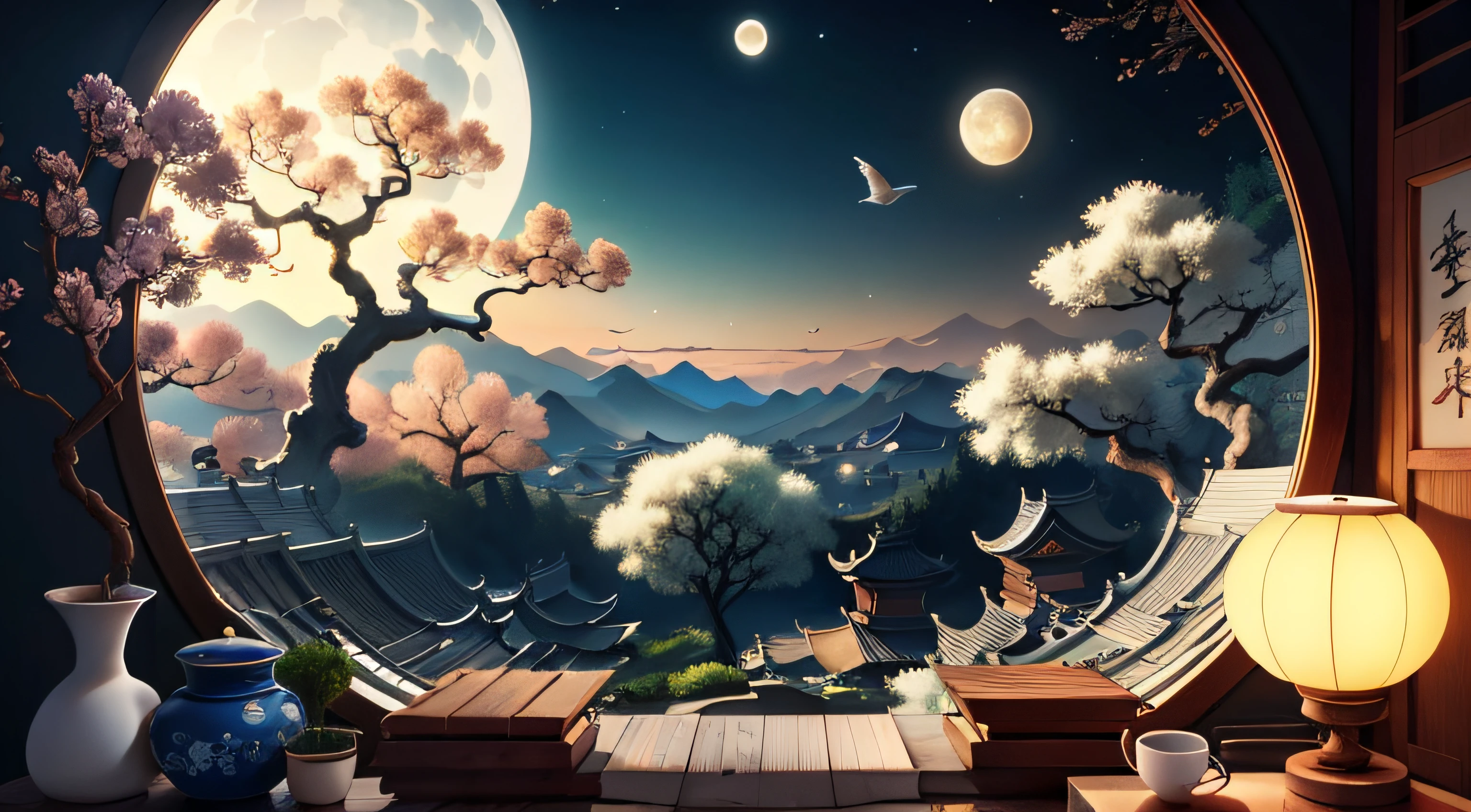 Chinese traditional landscape painting,3D立体渲染,The color gradient varies from white to light blue,4K分辨率,Simple and natural composition,:Fresh and unearthly style。(:Nature:)the night,Inside a wooden ancient room,There are beds,Human perspective,Outside the window is a round moon,a lot of tree,There are a lot of birds chirping inside,lot of flowers,