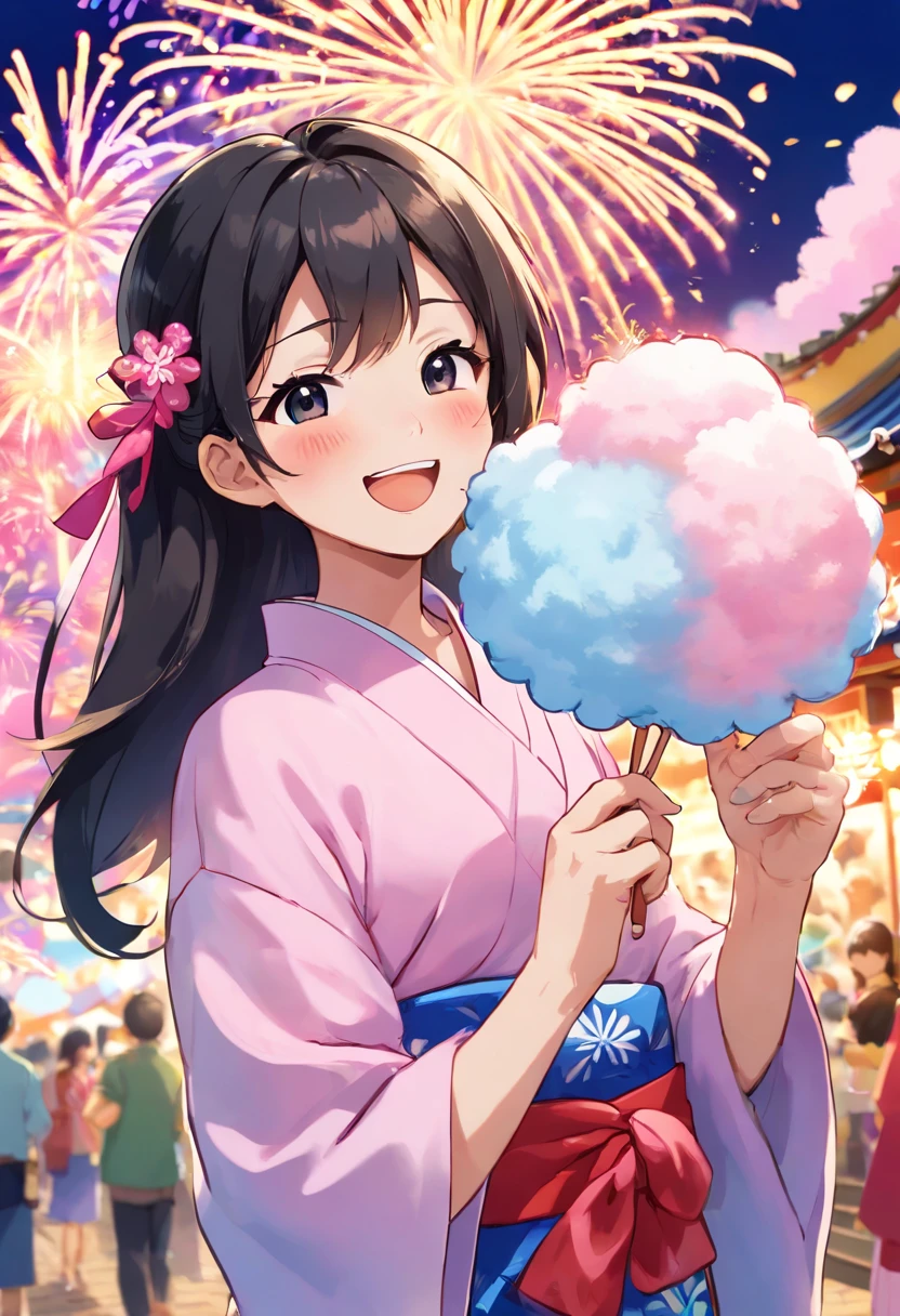 An illustration of a woman wearing a yukata eating a her face size over cotton candy under fireworks at a summer festival venue. (background, ・Colorful fireworks are lighting up the night sky at the summer festival venue. ・Fireworks rise high into the sky and decorate the night sky. ・Scenes from a summer festival are drawn around the woman. - Food stalls and stalls are lined up, and people seem to be having fun. ), (person, ・A woman wearing a yukata is standing under fireworks. -The woman is in her late 20s to early 30s, with her long black hair tied in a ponytail. -The woman is wearing a brightly colored yukata with a vivid pattern on her yukata. -A woman has a huge piece of cotton candy in her hand. ), (4fingers and thumb:1.3), (cotton candy, ・((The woman is holding her face size over cotton candy:1.3), (massive size cotton candy:1.5)). ・Cotton candy is pure white and fluffy, and has a sweet smell when you put it in your mouth. ), open mouth:1.25, (Facial expression, ・The woman is eating cotton candy with relish. ・There is a satisfied smile on the woman's face. ),