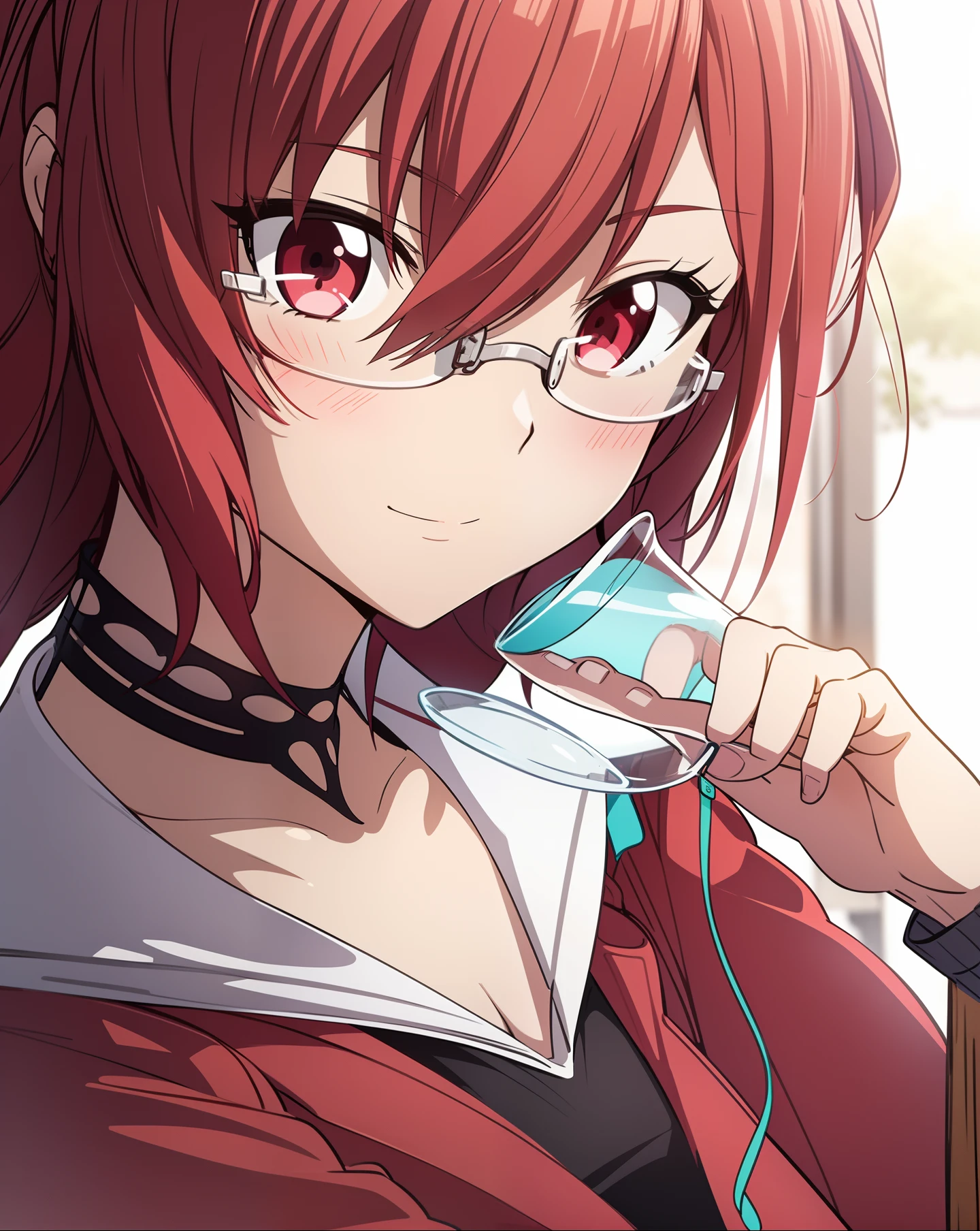 half body to thigh, night in streets of New York, a school woman, she wear a red shirt with training pants, she has short red hair in a twintail, dynamic pose, sitting centered in front to camera, cute and adorable, drawing style, digital art, centered, dynamic pose, complex blurry background, lushill style, exquisitely detailed elements, detailed perfect face, hold the glass of coffe, detailed clear eyes, intricate, extremely detailed, highly detailed, realistic look, vivid colors, rim lighting, sharp focus, digital art, unreal engine, concept art, octane render, 8k, trending on Artstation, (((glasses)))