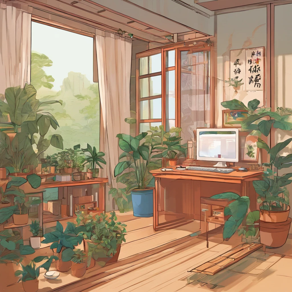 Song Dynasty aesthetics，desks，catss，Computer，big window，lots of plants，There is a moon at night