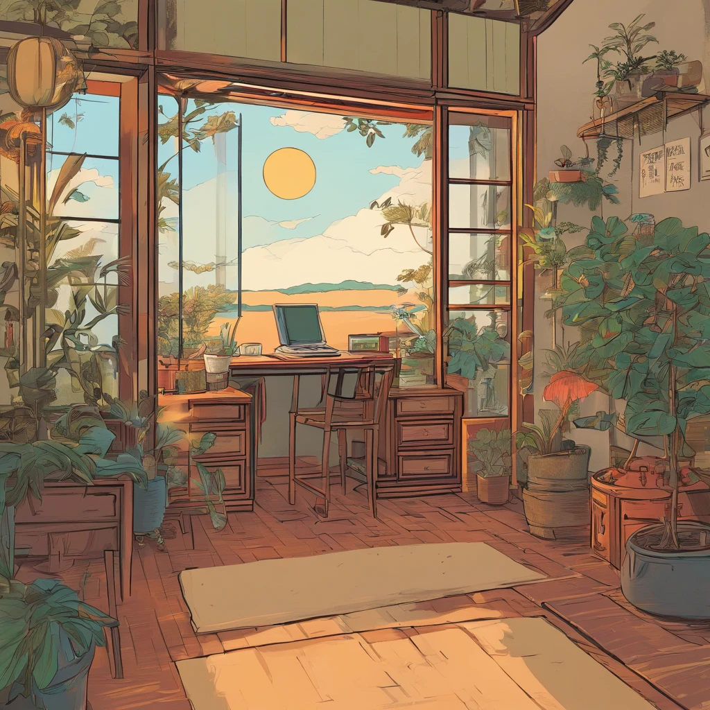 Song Dynasty aesthetics，desks，catss，Computer，big window，lots of plants，There is a moon at night