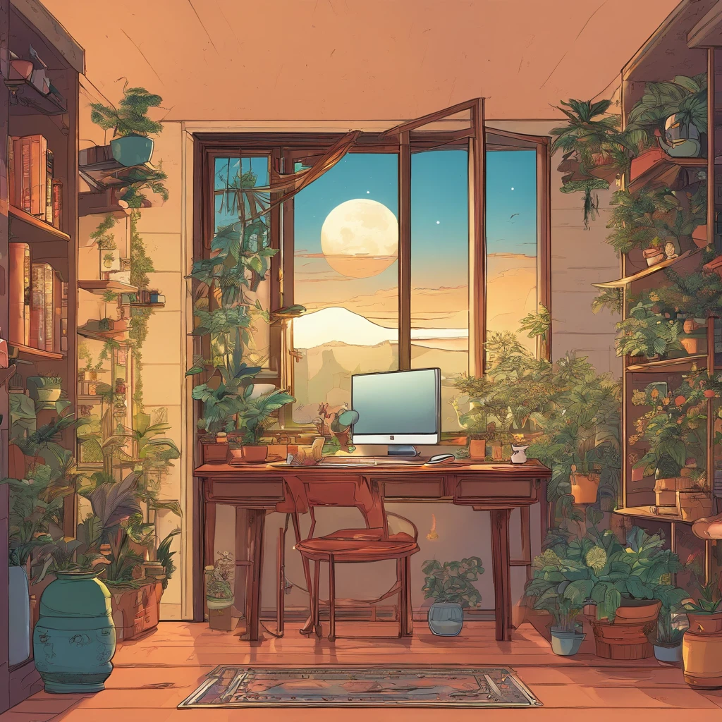 Song Dynasty aesthetics,desks,catss,Computer,big window,lots of plants,There is a moon at night