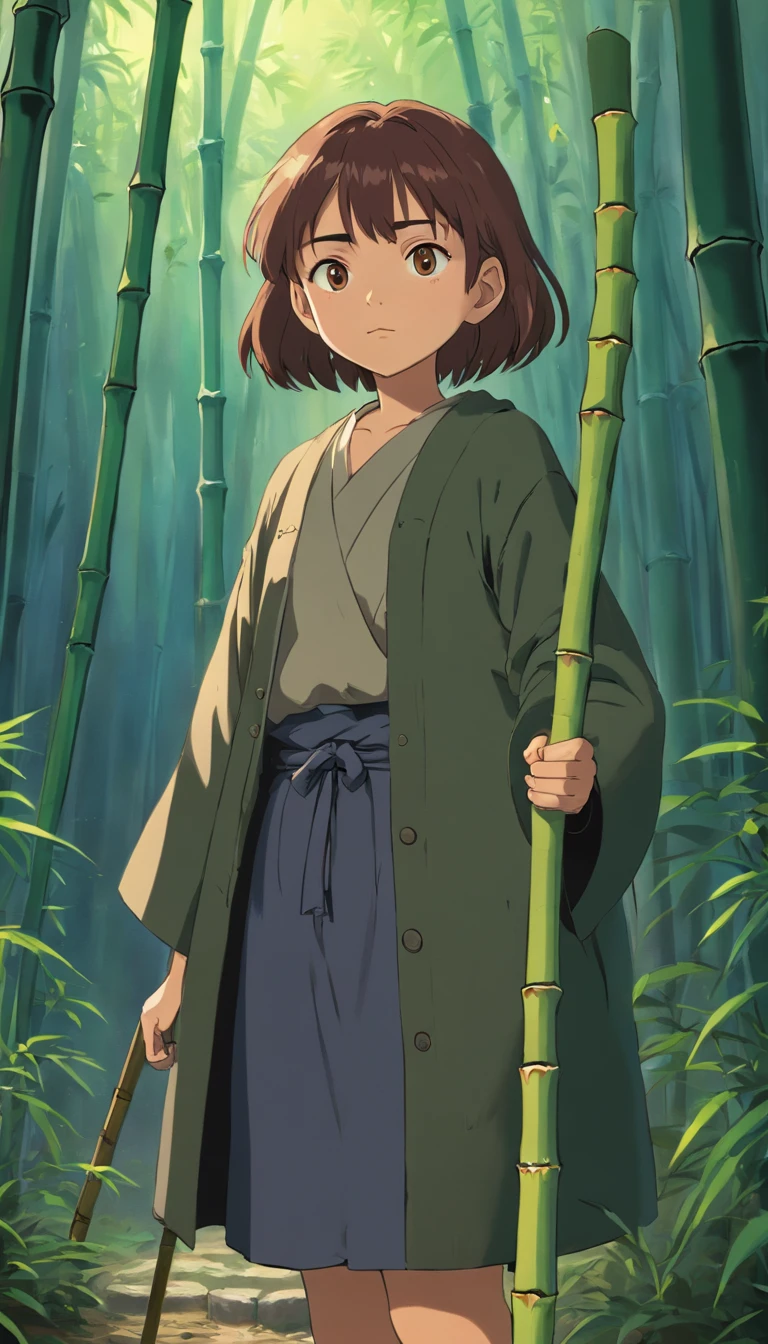 strong abandoned girl protagonist,holding a bamboo rod, dirt on face, dark and evil clothing