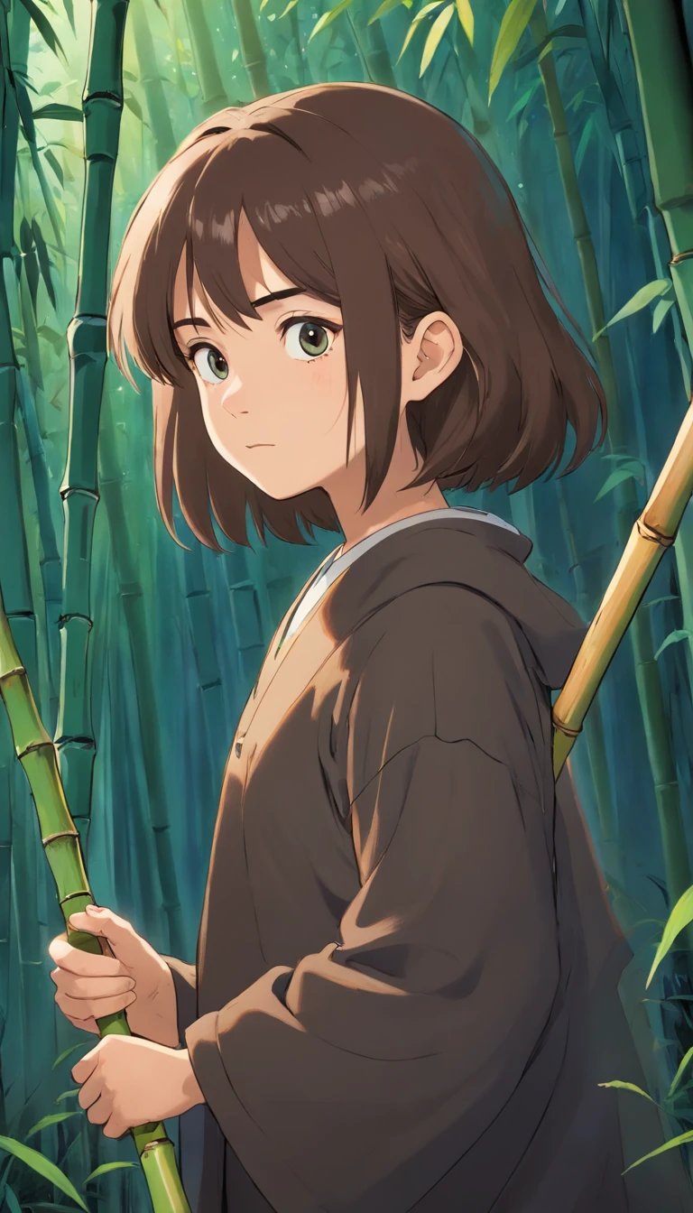 strong abandoned girl protagonist,holding a bamboo rod, dirt on face, dark and evil clothing