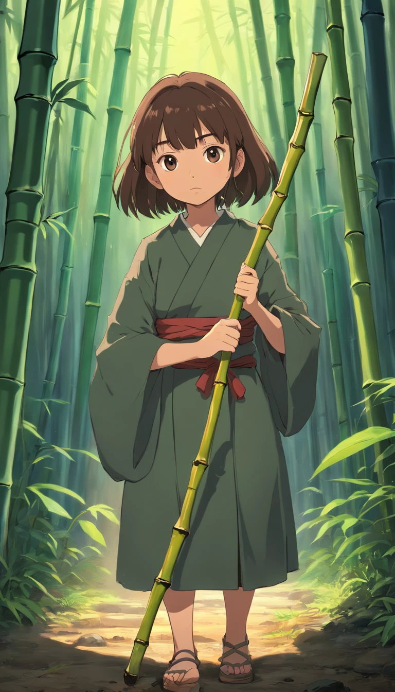 strong abandoned girl protagonist,holding a bamboo rod, dirt on face, dark and evil clothing