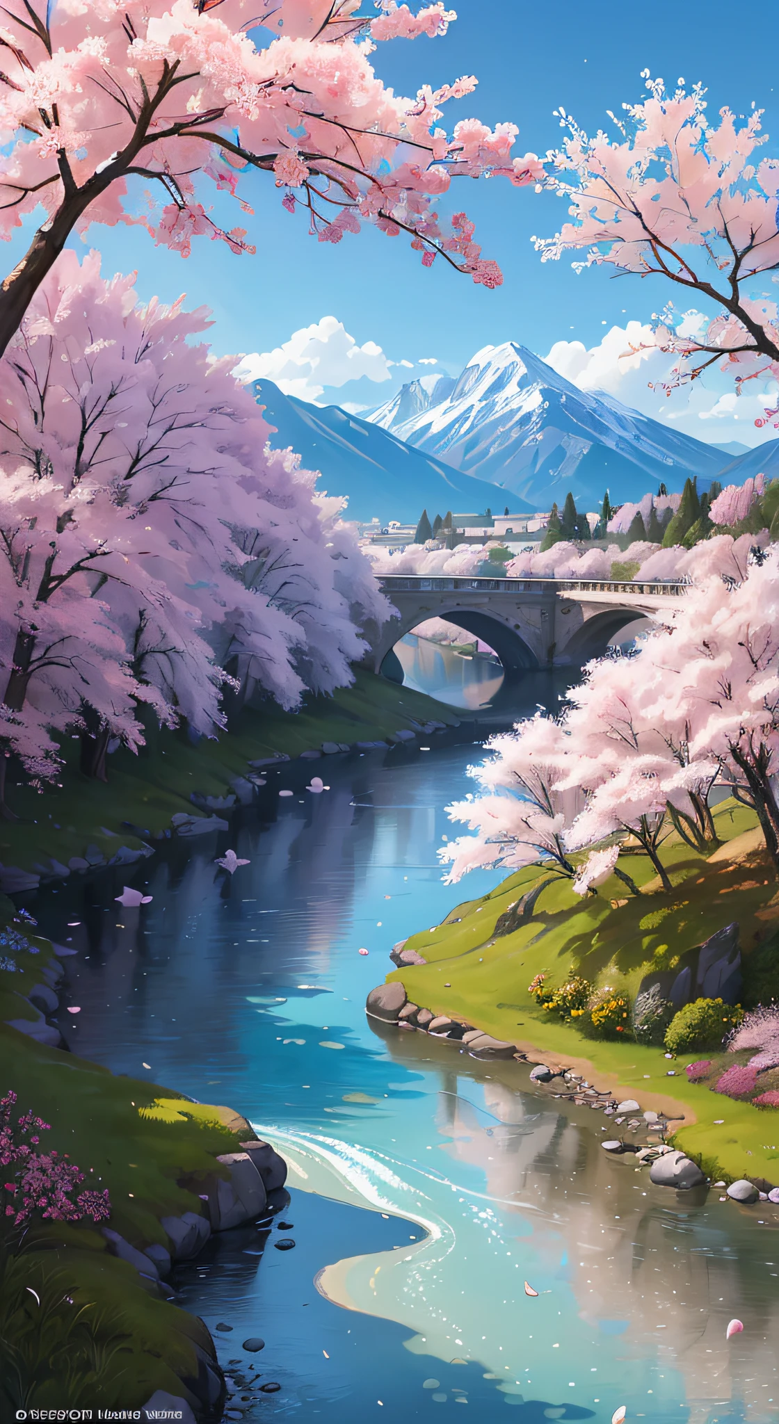 (Masterpiece, Top Quality, Best Quality, Official Art, Beauty and Aesthetics: 1.2), Very Detailed, Colorful, Most Detailed, Branches, Mountains and Rivers, Cherry Blossoms, Outdoor, Petals, Landscape, Rain, Trees, Sky, Street