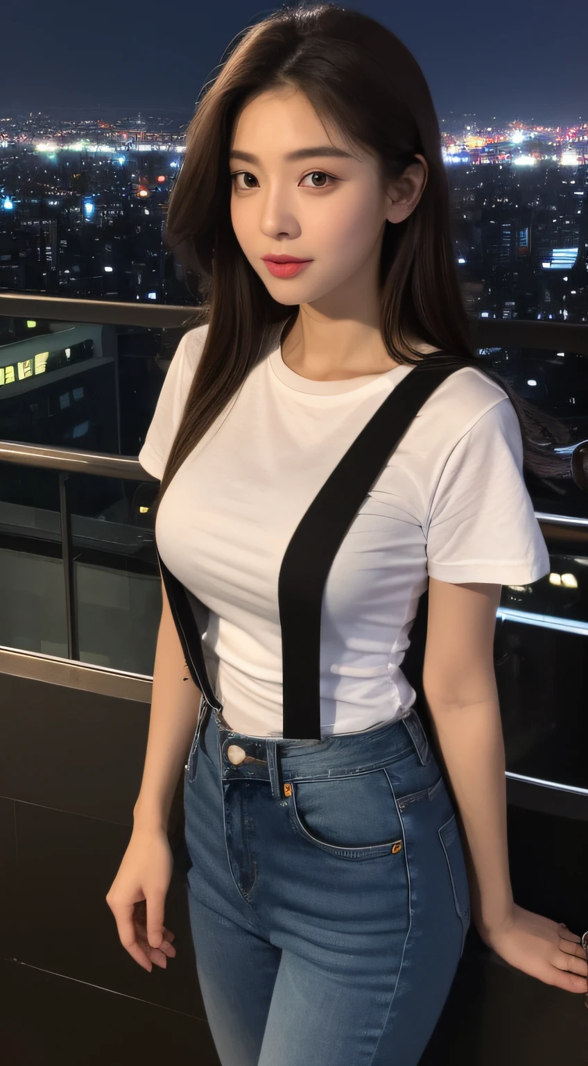 ((Midnight, Best quality, 8k, Masterpiece :1.3)), Whole body, Long legs, Sharp focus :1.2, A pretty woman with perfect figure :1.4, Slender abs :1.1, ((Dark brown hair, Big breasts :1.2)), (White tight tshirt, Jean bib, Standing:1.2), ((Night city view, Rooftop:1.3)), Highly detailed face and skin texture, Detailed eyes, Double eyelid