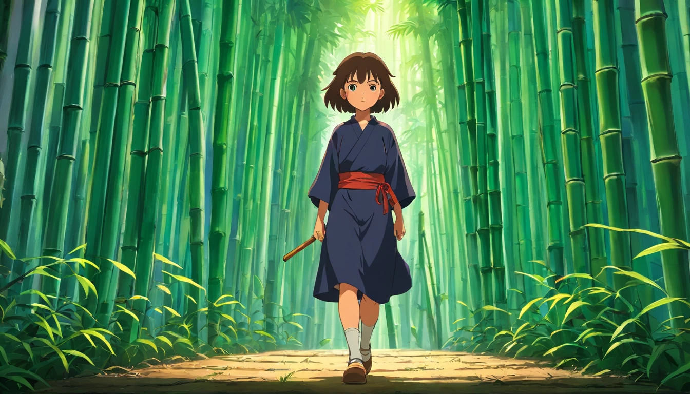 strong abandoned girl protagonist, dirt on face, dark and evil clothing, in a t-pose, full body in frame, in a bamboo forest