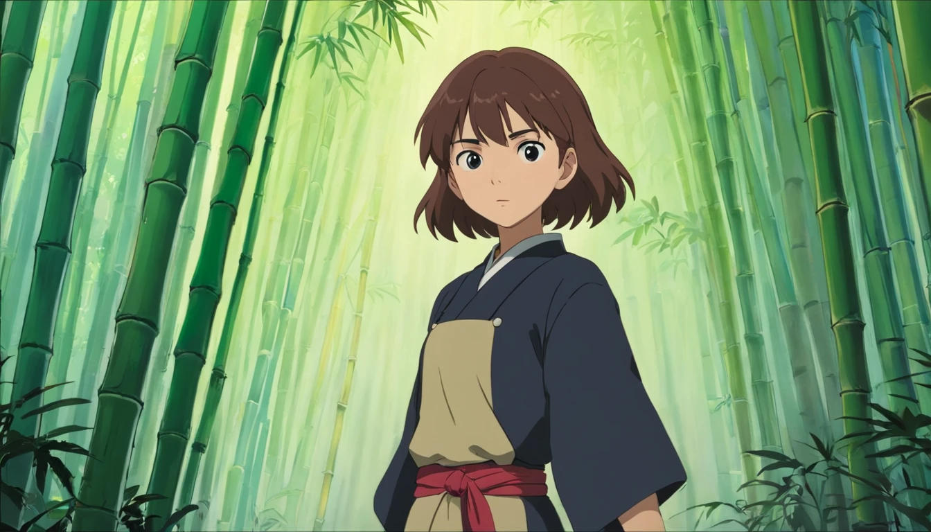 strong abandoned girl protagonist, dirt on face, dark and evil clothing, in a t-pose, full body in frame, in a bamboo forest