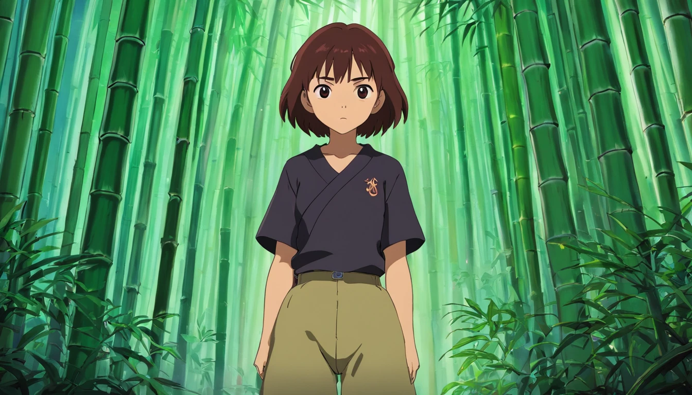 strong abandoned girl protagonist, dirt on face, dark and evil clothing, in a t-pose, full body in frame, in a bamboo forest