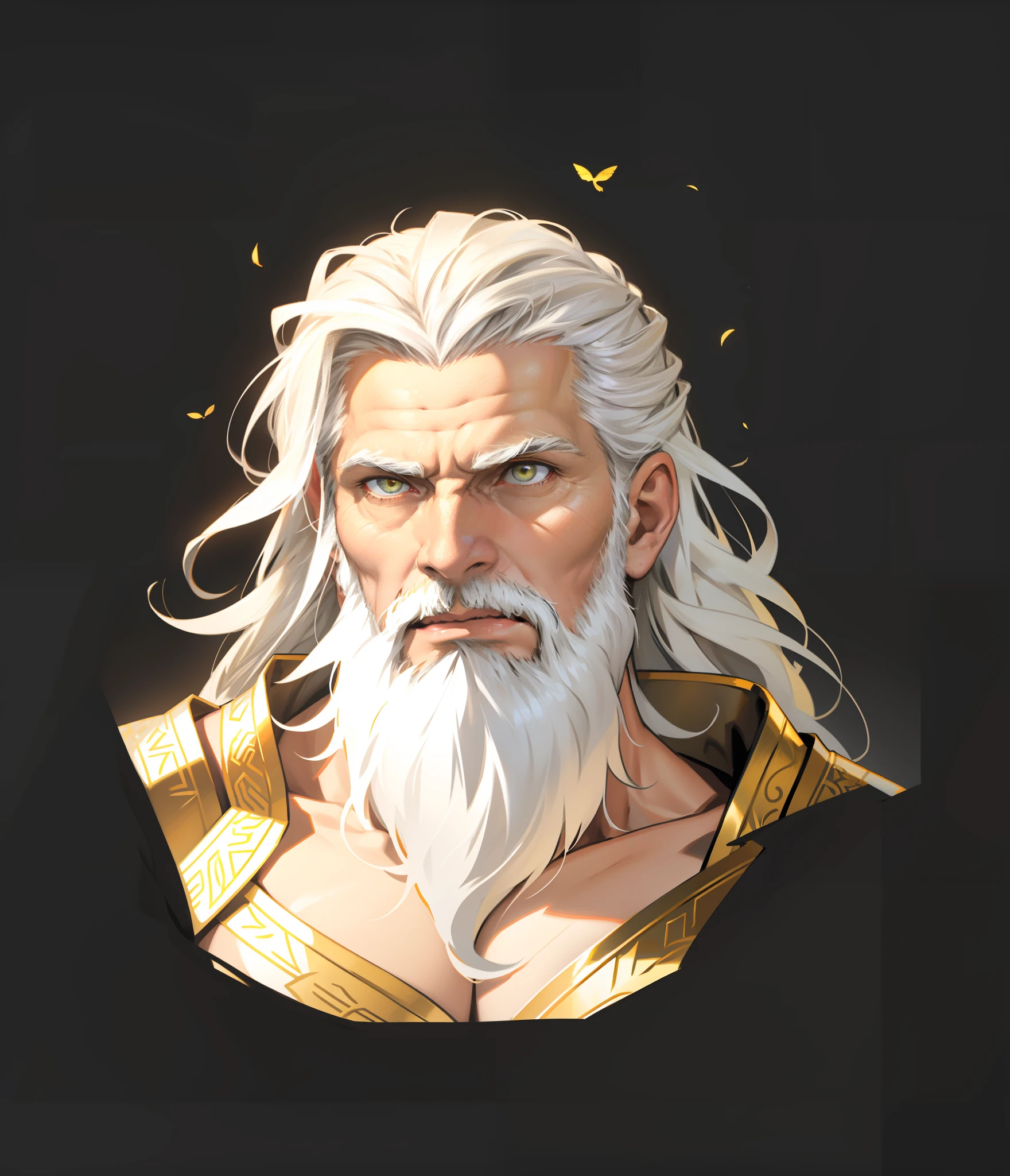 greek myth,GODKING,Zeus,The old man of the divinity,Great,Majestic face,Golden eyes,bronze skin,Gray hair fluttering,whaite hair,Shirasu,white eyebrow,A golden olive branch is worn on his head