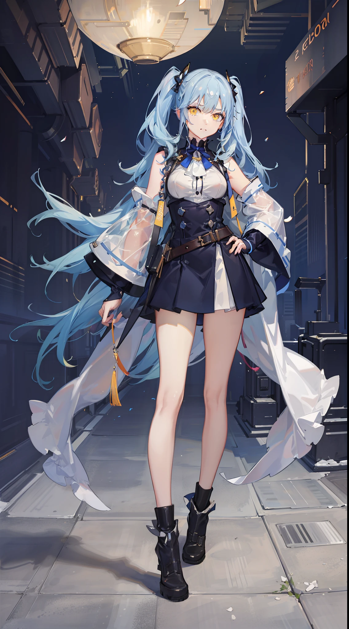 masterpiece,8K,超A high resolution,Detailed description,Smooth depiction,Accurate rendering,thirds rule,Light blue twin tails,Yellow eyes,Whitening skin,-yeld Wern-style beautiful girl in anime style,Wearing a cyberpunk-style orange waistcoat and uniform,Metallic boots,Overhead scenery,Full body depiction,Splash Art Style,