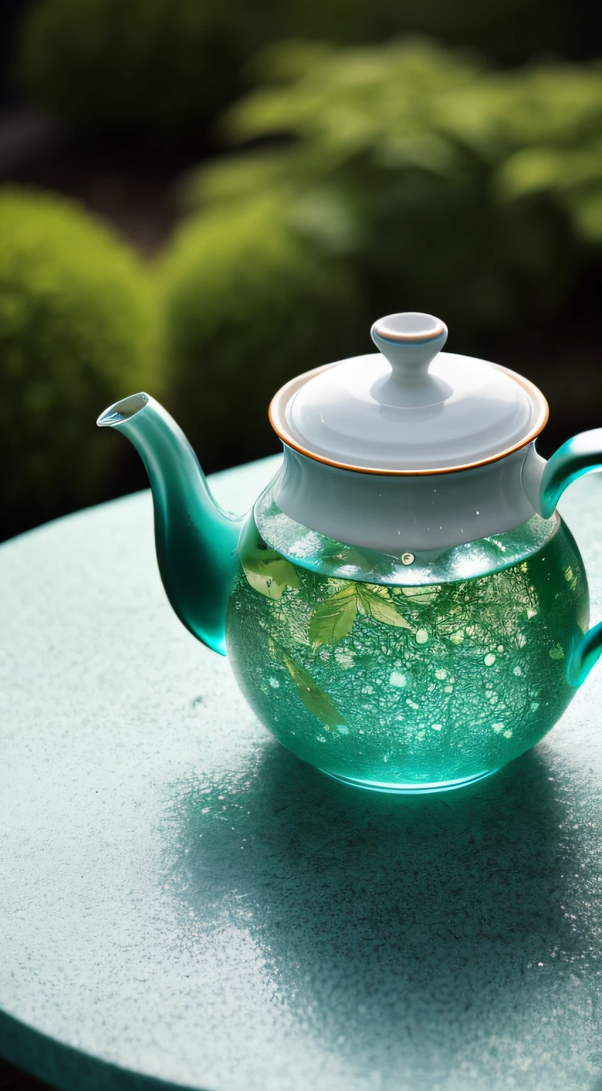 Crystal spring tea,Tender green white gradient,water dripping,dream magical,galaxias,cleanness,,Tender green white gradient,water dripping,Light blue leaves,glittery,glittery,luster,Eau,colorful,, Magical photography of light blue leaves,dramatic lighting,A pot of green tea was brewed in the teapot,hyper-detailing,4k,depth of fields,A high resolution