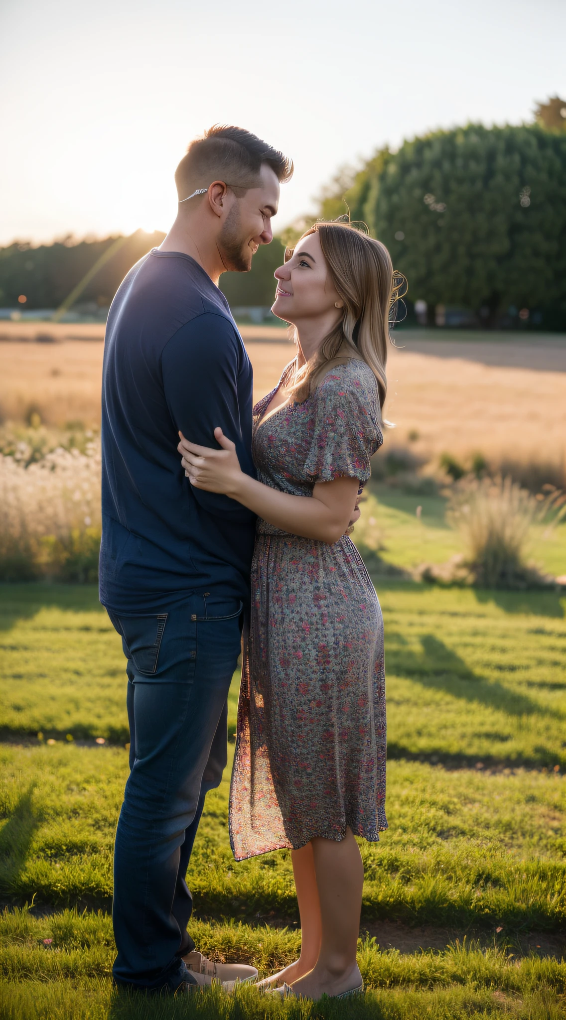 a ((husband and your wife)) who show their joy through quality of life, an image with a beautiful flowering field in the background, HDR Camera, Ultra Realistic, photorealist, Super Detailed, High Definition, Canon EOS R6, Ultra Realist, focus sharp:1.2, lens flare, Ultra-Wide Angle, 135mm, f/16, from below, reflection light, 16k