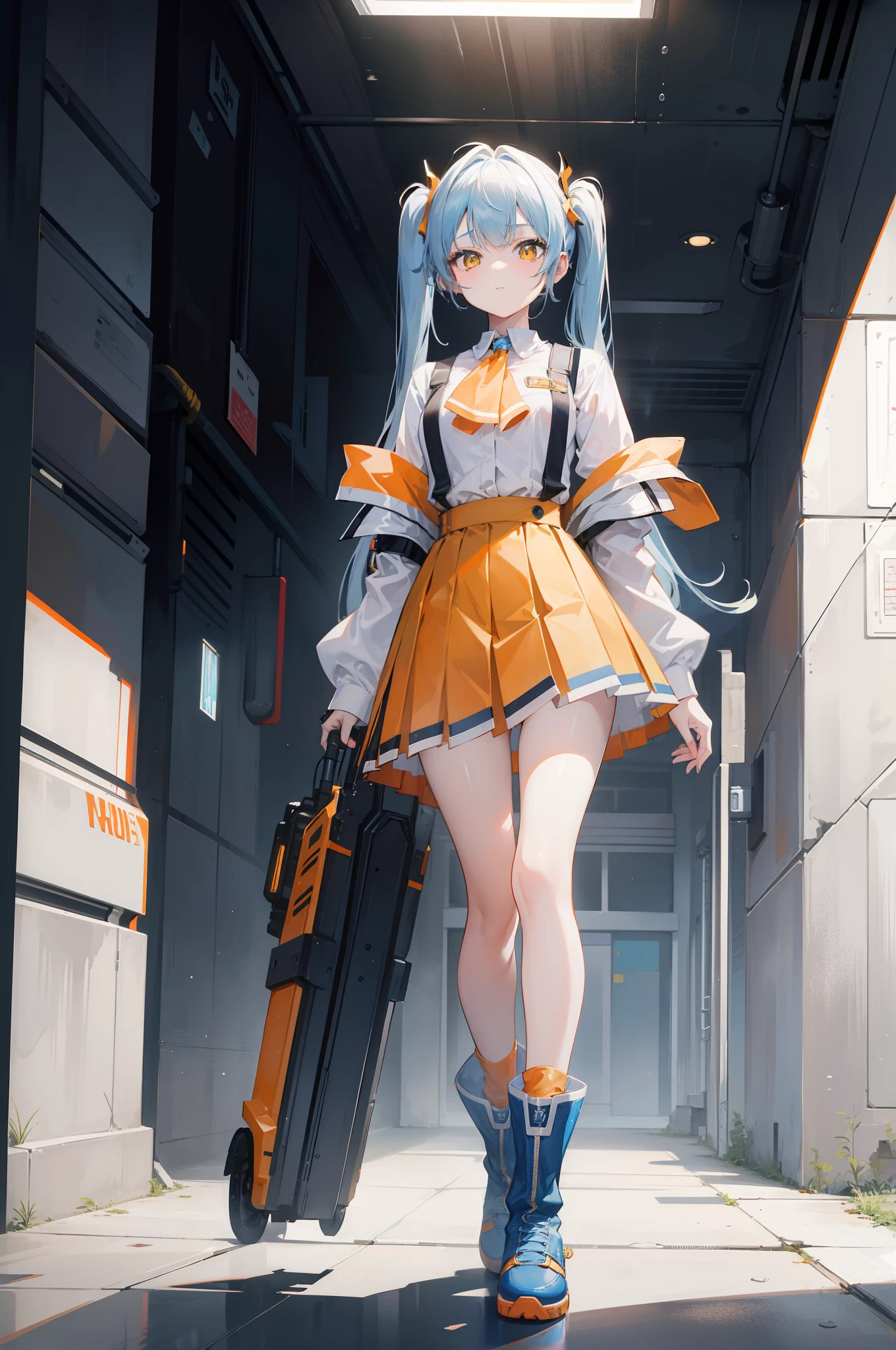 masterpiece,8K,超A high resolution,Detailed description,Smooth depiction,Accurate rendering,thirds rule,Light blue twin tails,Yellow eyes,Whitening skin,12-year-old Western-style beautiful girl in anime style,Wearing a cyberpunk-style orange waistcoat and uniform,Metallic boots,Overhead scenery,Full body depiction,Splash Art Style,