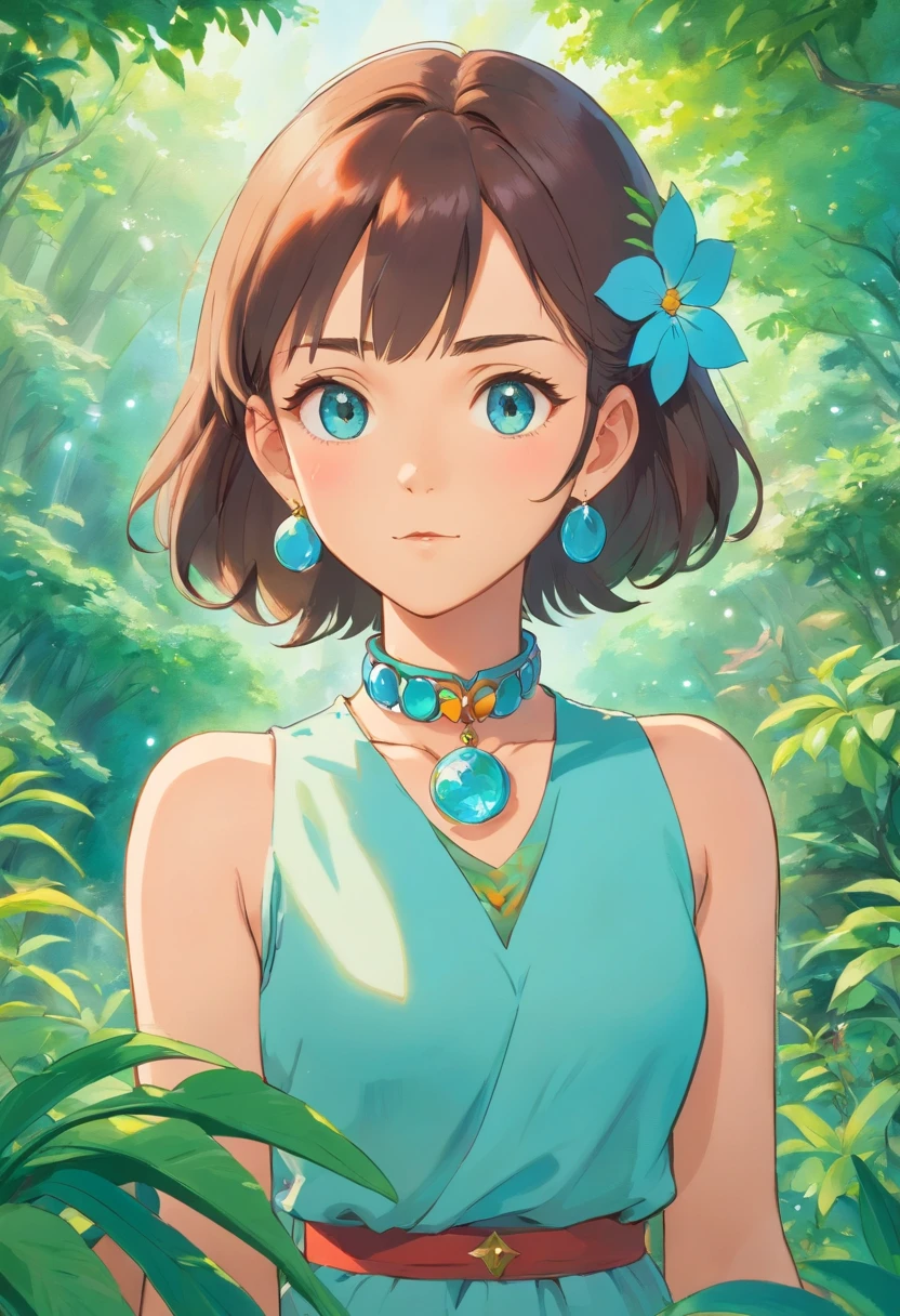 a girl wearing an anime collar, a long necklace and earrings, in the style of tranquil gardenscapes, colorful animation stills, masami teraoka, aquamarine, paul gauguin, Embry style, honest portrayal