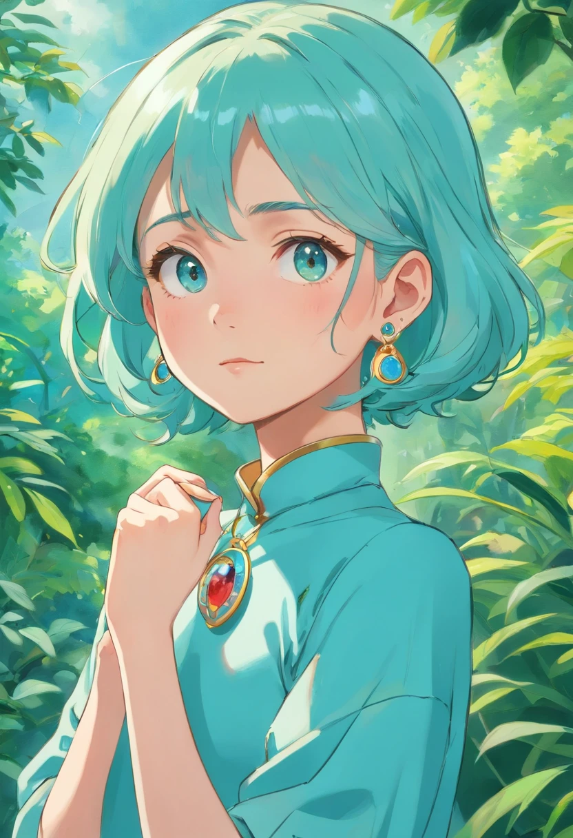 a girl wearing an anime collar, a long necklace and earrings, in the style of tranquil gardenscapes, colorful animation stills, masami teraoka, aquamarine, paul gauguin, Embry style, honest portrayal