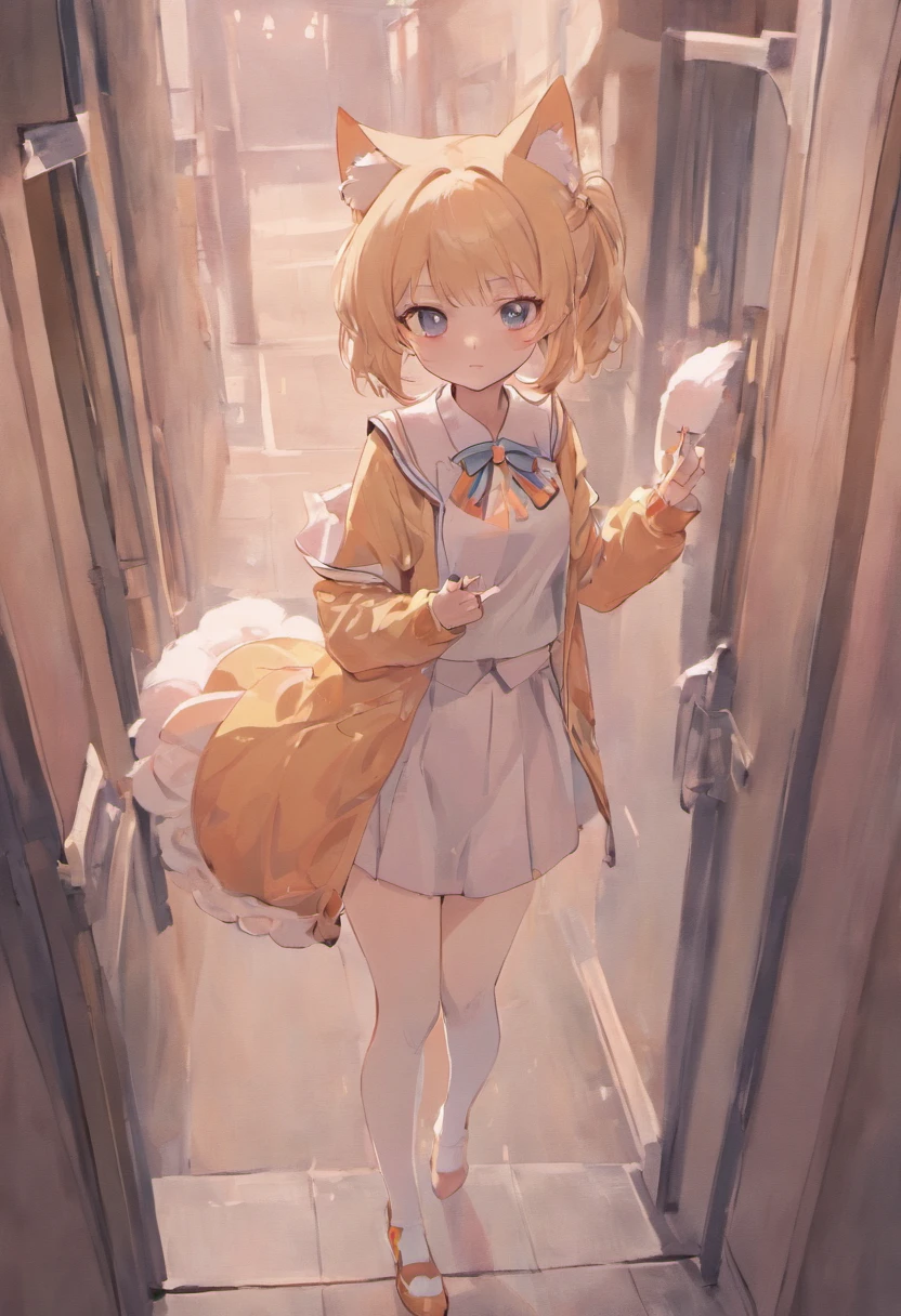 8k wallpaper，best qualtiy，独奏，in a panoramic view，a 18 year old girl，Height above 170cm，Slim，A long white color emanates out，pale blue color eyes ，Exquisite facial features，cat ear，C cup，Slender slender legs，small-sized buttocks，Wear a Japanese school uniform， （white stockings），There are stockings，high-heels，On the street。