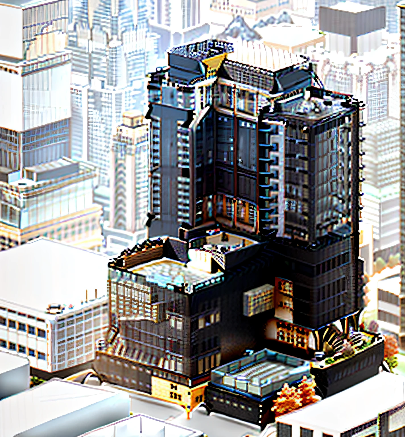 a rendering of a tall building with a lot of windows, multistory building, an extremely detailed building, full building, Extremely high level of detail, building facing, digital model, 3 d structure, Single building, highly detailed model, isometric view from behind, isometric perspective view, mid view, bw 3 d render, hq very detailed, complete model