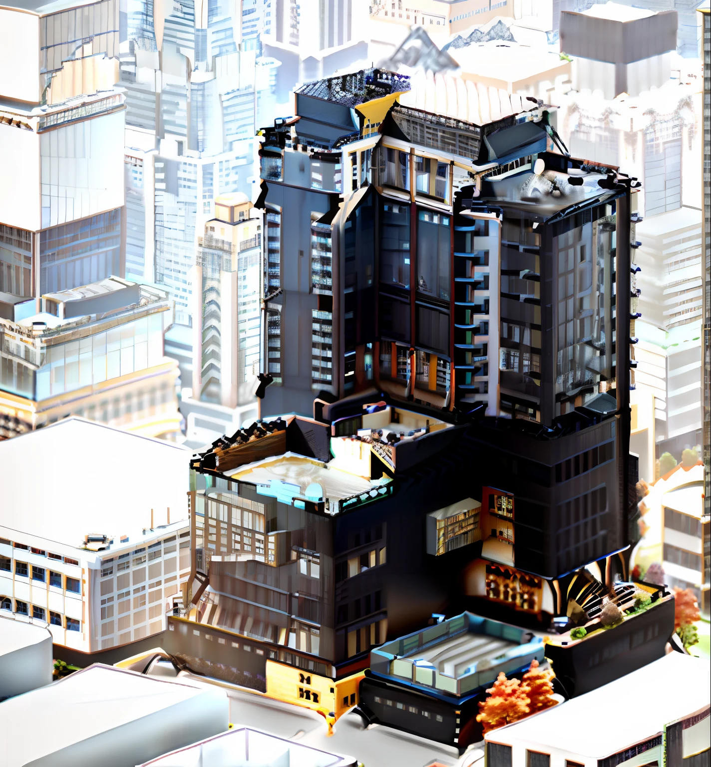 a rendering of a tall building with a lot of windows, multistory building, an extremely detailed building, full building, Extremely high level of detail, building facing, digital model, 3 d structure, Single building, highly detailed model, isometric view from behind, isometric perspective view, mid view, bw 3 d render, hq very detailed, complete model